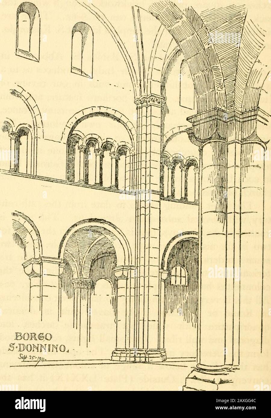 Architettura bizantina e romanica, il finechurch di Borgo San Donnino. Quest'ultimo edificio - sembra datarsi dal 12th cen- Borgo San . /-p., . Donnino tury con diverse varianti successive. La navata a volta in due baie, vale a dire una nella navata centrale fortwo nella navata. Il portico della navata è semplice, con ordini duplici poggiati su capitelli a cuscino, e il tri-forio ha quattro archi bianchi sotto un uno compreso, thecolonnettes aventi capitelli semplici un crochet (Fig. 62). Tutto questo è molto diverso da qualsiasi cosa siamo stati considerati a Roma o in Toscana. La volta della navata centrale è di tipo domico, quadririca Foto Stock