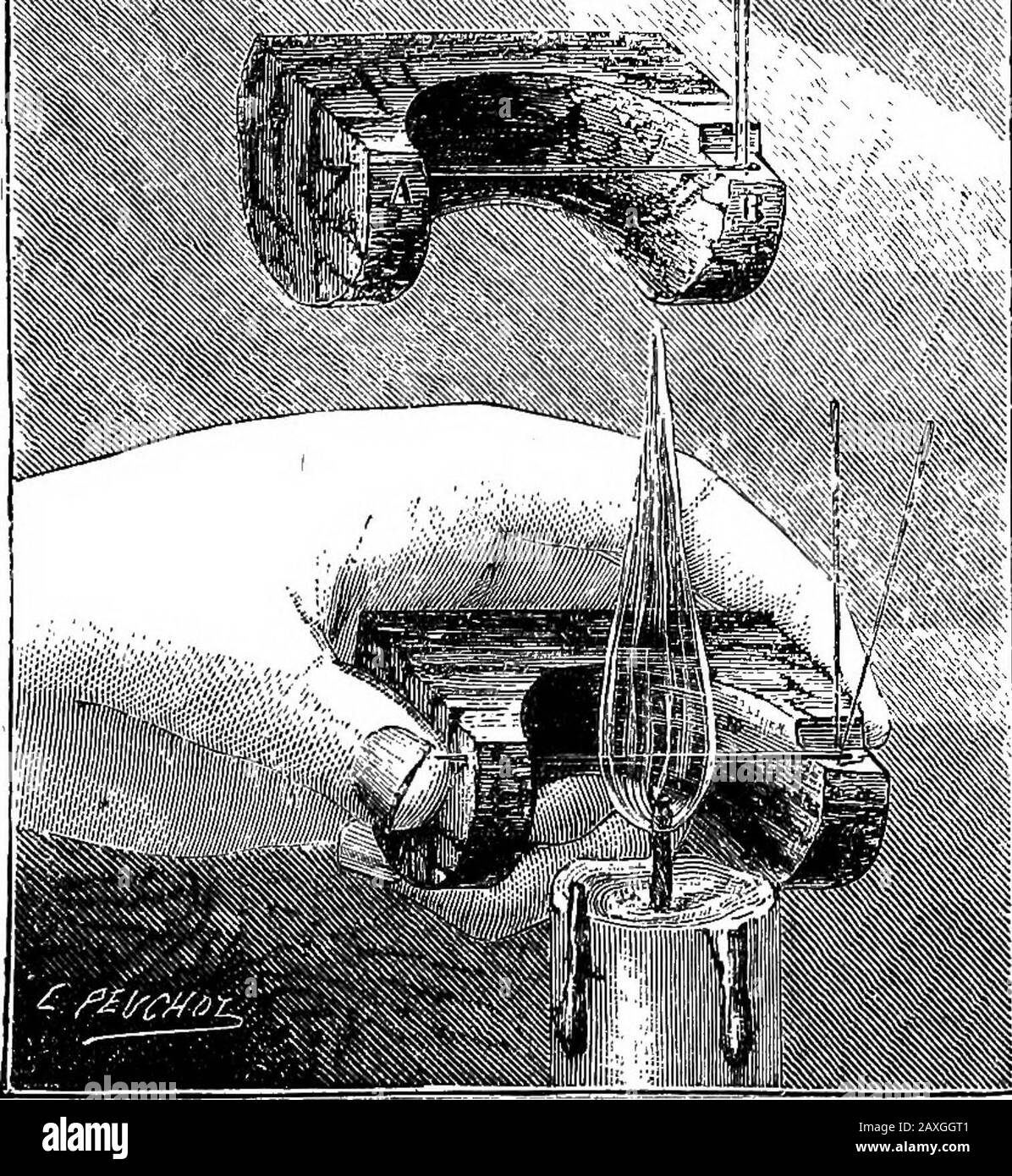 Usi scientifici tig. 59.-ihe CapLivti Imp, Dilatazione Dei Corpi mediante Termo.tbe captive imp. Si tratta di un tubo di vetro sottile, come un paralume, illustrazione asin, l'estremità inferiore essendo resa opamediante una mano di vernice nera. La porzione iQwer essendo heldin la mano, il liquido con cui il recipiente è riempito DILATAZIONE DI CORPI DA ^EAT. 71 rimprovererà e sosterrà immediatamente la piccola immagine di vetro di soffiatura che è contenuta nel tubo. I gas Ah si espandono sotto l'influenza del calore. No&gt;v» e percepire nella sezione dell'apparecchio (Fig. 59) il tubo superiore termina con un tappo Foto Stock