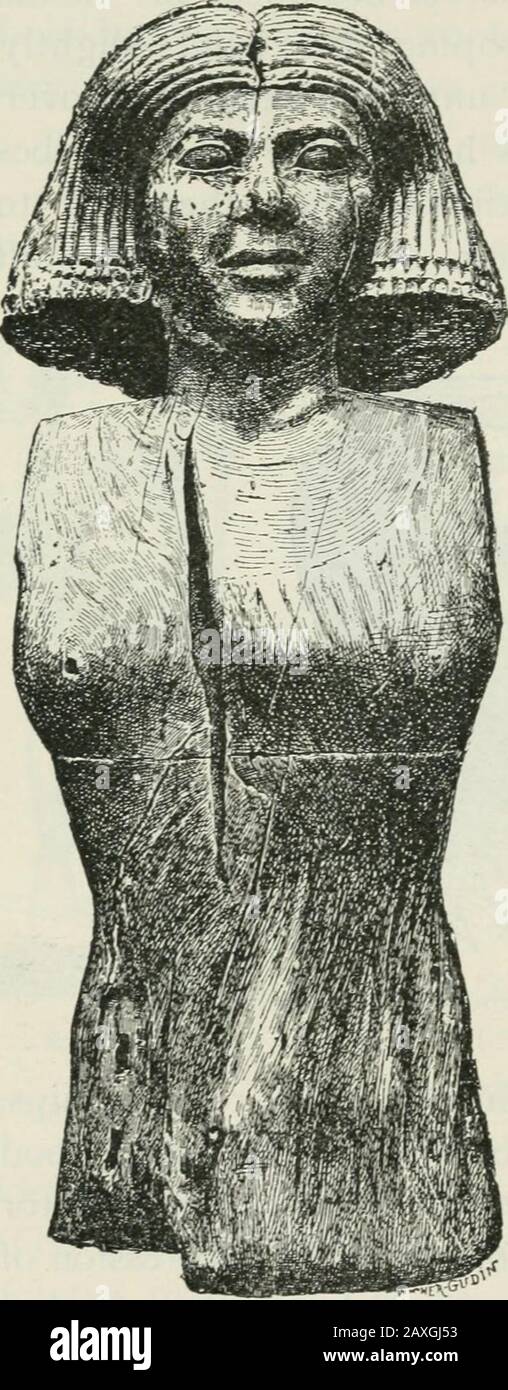 Manuale della archæology egiziana e guida allo studio delle antichità in EgyptPer l'uso di studenti e viaggiatori . inferiore al cross-leged scriba o theik JL el essere guidato. Thebaker impastare la sua pasta (fig. 211) appartiene al suo lavoro. La flessione delle cosce e del. Fig. 209.- scultura in legno di donna, Antico Regno. STATUARIO DEL TIIK VECCHIO IMPERO. 251 lo sforzo con cui preme sulla gramatrice-trogolo è perfettamente naturale. La nana ha una testa lunga, grande e hugecars (fig. 212). Thefface è stolto, gli occhi sono stretti slittloping upw^ards todle templi, e themouth è mal modellate.The c Foto Stock