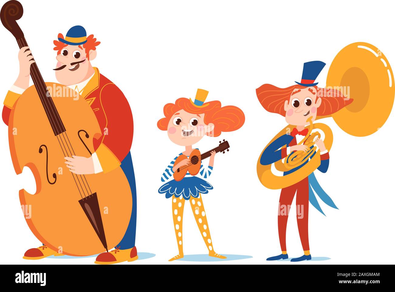 I personaggi dei cartoni animati vettoriali suonano musica jazz in costumi circensi. Illustrazione Vettoriale