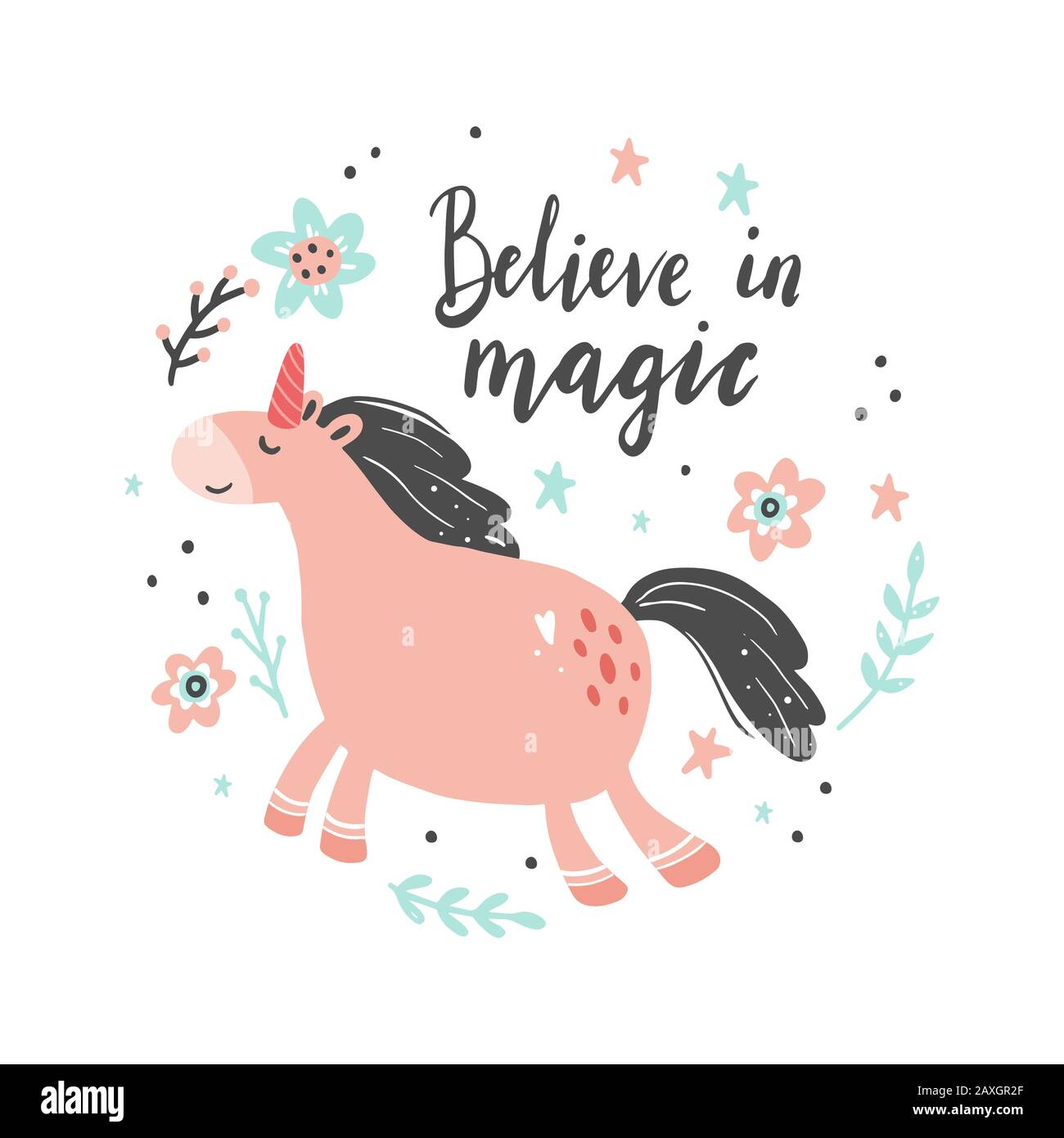 Unicorno di semplice stile di cartone animato alla moda con elementi. Unicorno di colore rosa per bambini e tessuti magici, borsa, t-shirt design. Illustrazione del vettore isolato. Illustrazione Vettoriale