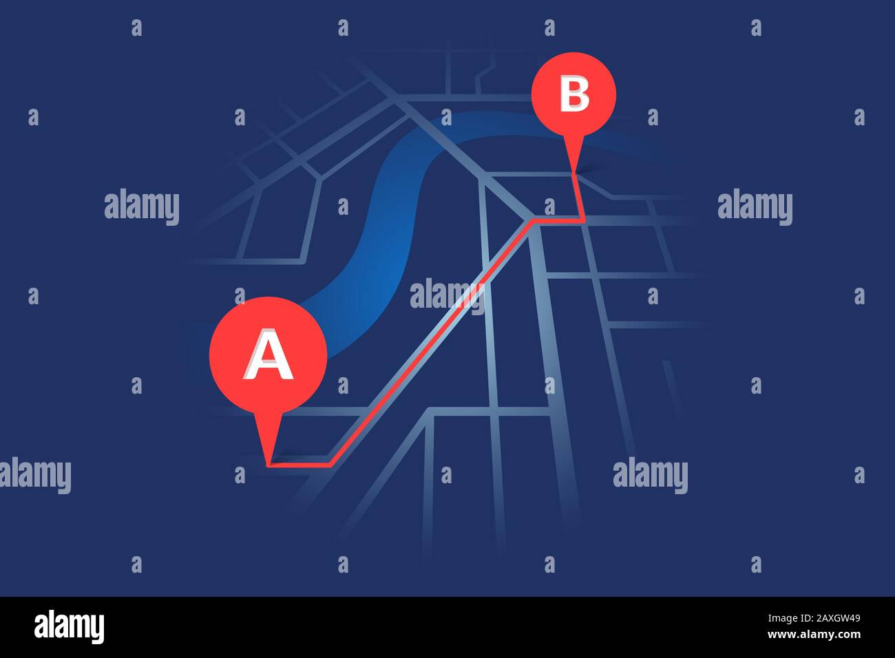 Mappa stradale della città con segnapunti di posizionamento del fiume GPS e percorso rosso di navigazione tra i punti da A a B. Vector blu scuro colore prospettiva vista isometrica eps illustrazione schema di posizione Illustrazione Vettoriale