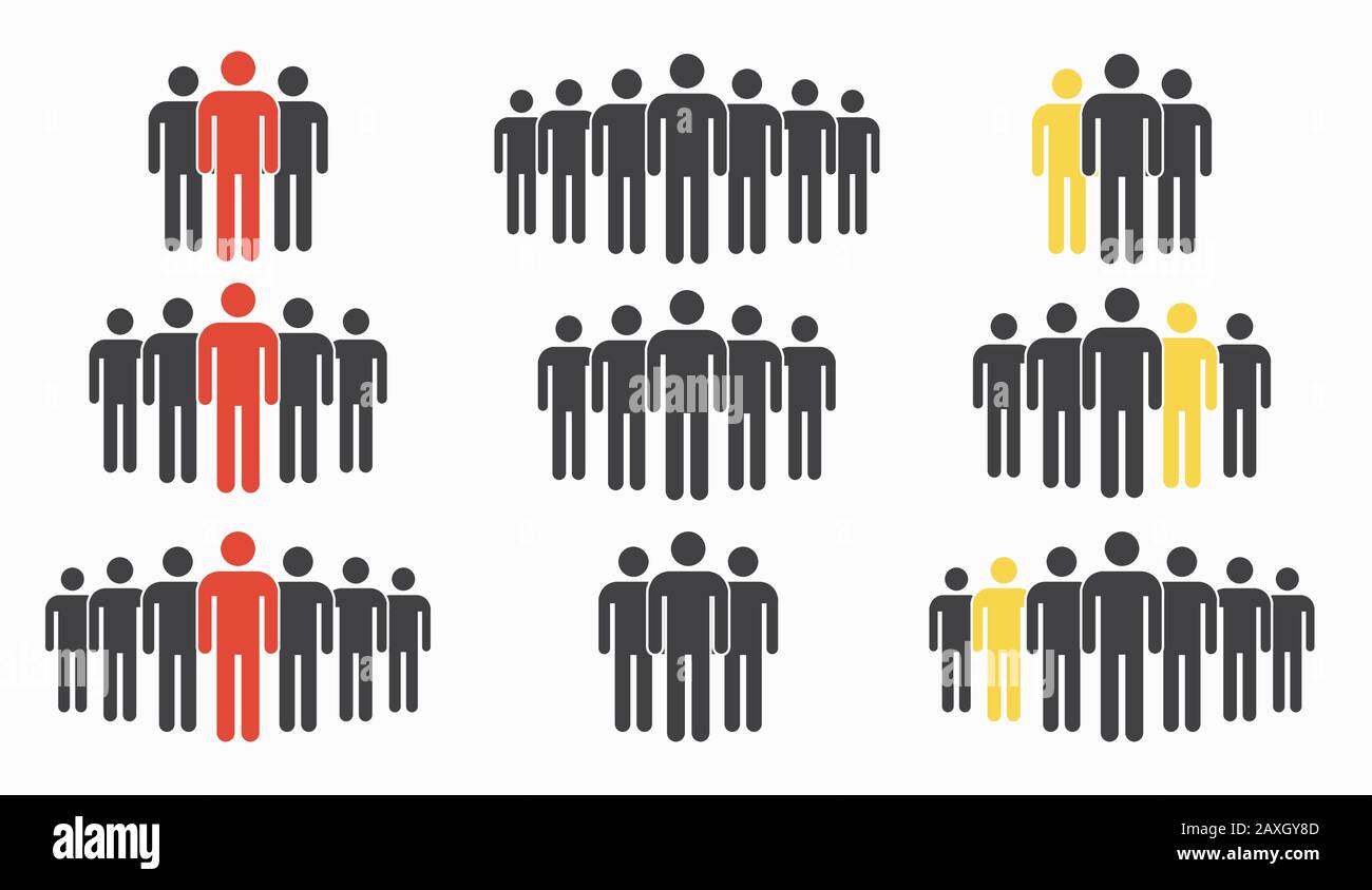 Icona persone impostata isolata su bianco. Folla di persone nei colori nero e rosso. Gruppo di persone nel pittogramma Illustrazione Vettoriale