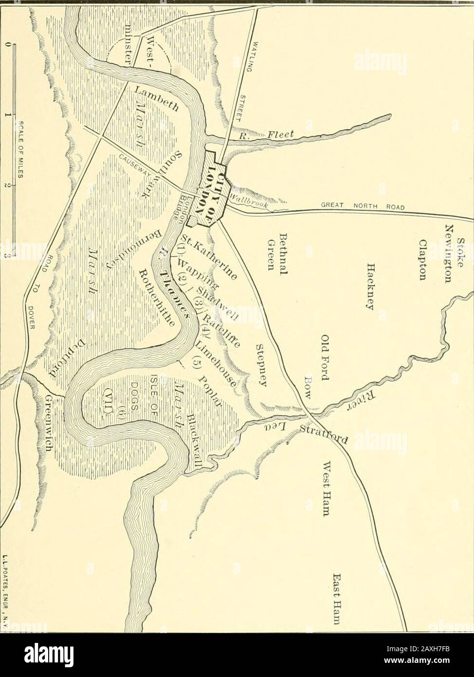 East London . r prehore o marshland, traboccato ogni alta marea, e situato sotto una bassa, scogliera naturale, whichreceded entroterra fino a incontrare il terreno in ascesa della banca del fiume Lea. Le figure sulla mappa segnano le località dei villaggi successivamente rivendicati dal fiume da una diga di mare; se il lettore dovesse visitare questi parisheshe lungofiume troverebbe in molti posti le strade effettivamente più basse dell'alta marea del fiume, ma protetto da questo mare-muro, nowinvisibile e costruito sopra. A nord della scogliera c'era un livello ex-panse di fattorie coltivate, boschi e frutteti, terreni comuni e pastu Foto Stock