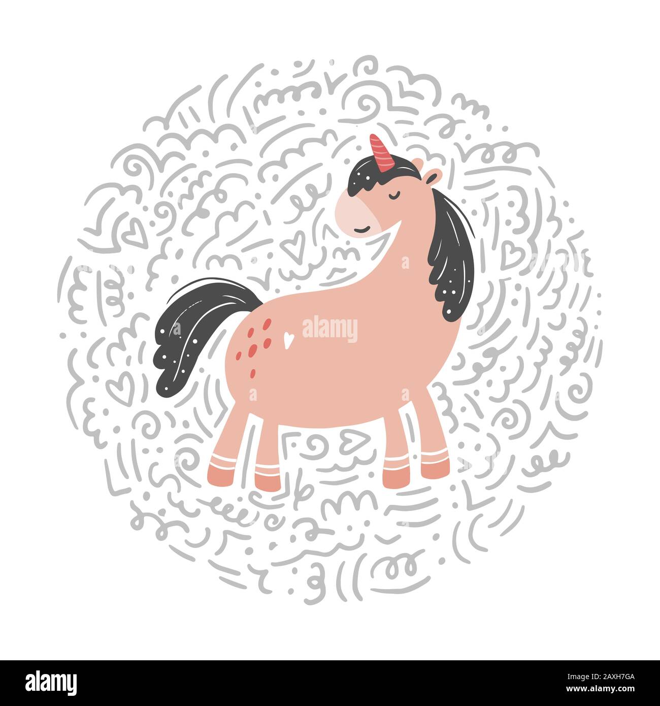 Unicorno di semplice stile di cartone animato alla moda con elementi. Unicorno di colore rosa per bambini e tessuti magici, borsa, t-shirt design. Illustrazione del vettore isolato. Illustrazione Vettoriale