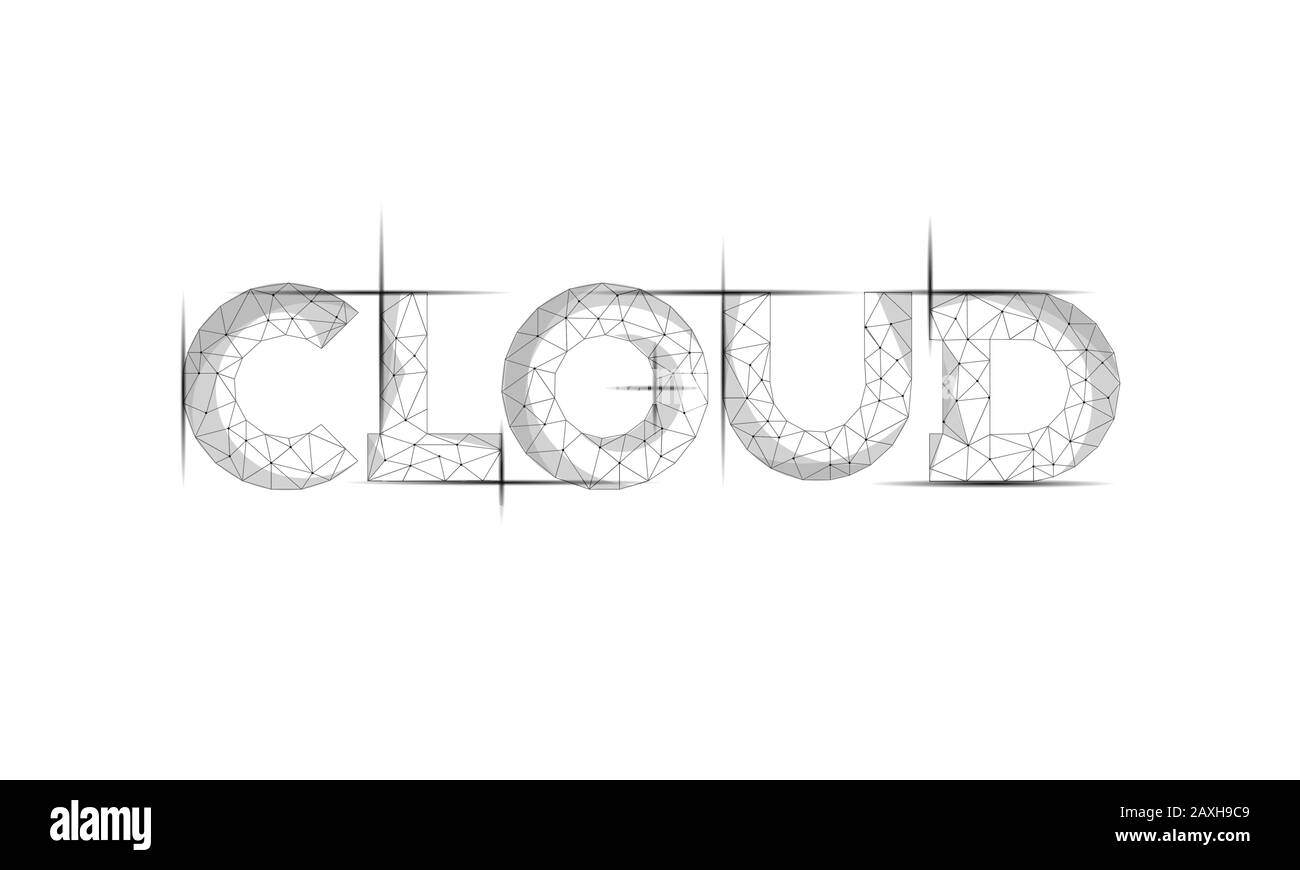 Scritta nube 3D bianco iscrizione geometrica. Concetto di tecnologia di storage online per il digital computing. Scambio di informazioni globali sui dati poligonali per il futuro Illustrazione Vettoriale