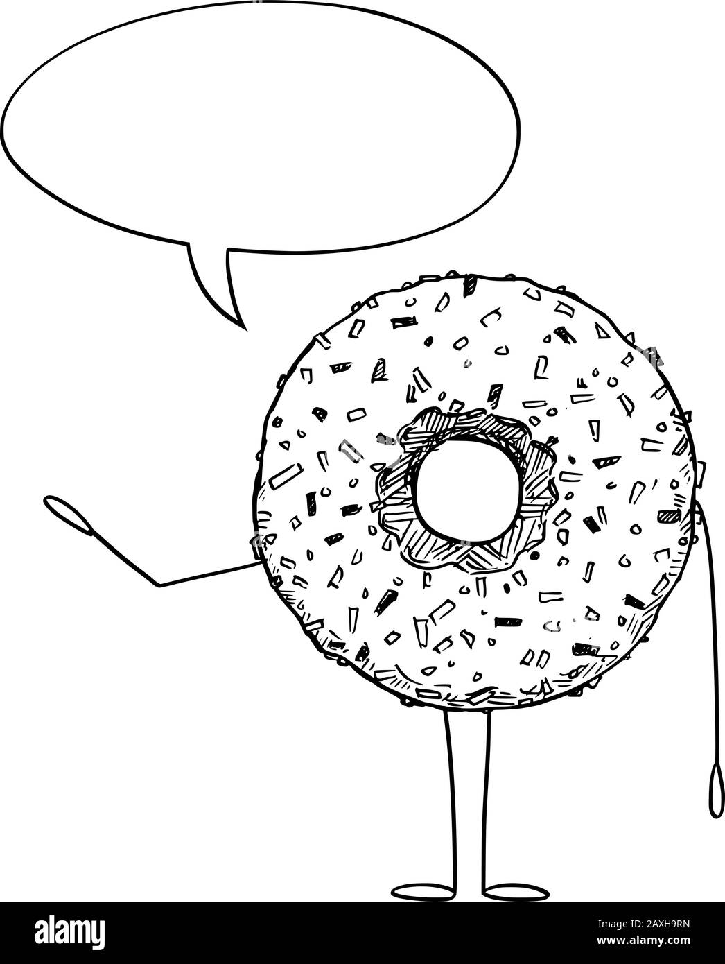 Illustrazione vettoriale di un personaggio di ciambella o ciambella con bolla del parlato. Stile di vita sano e pubblicità spazzatura o panetteria o marketing design. Illustrazione Vettoriale