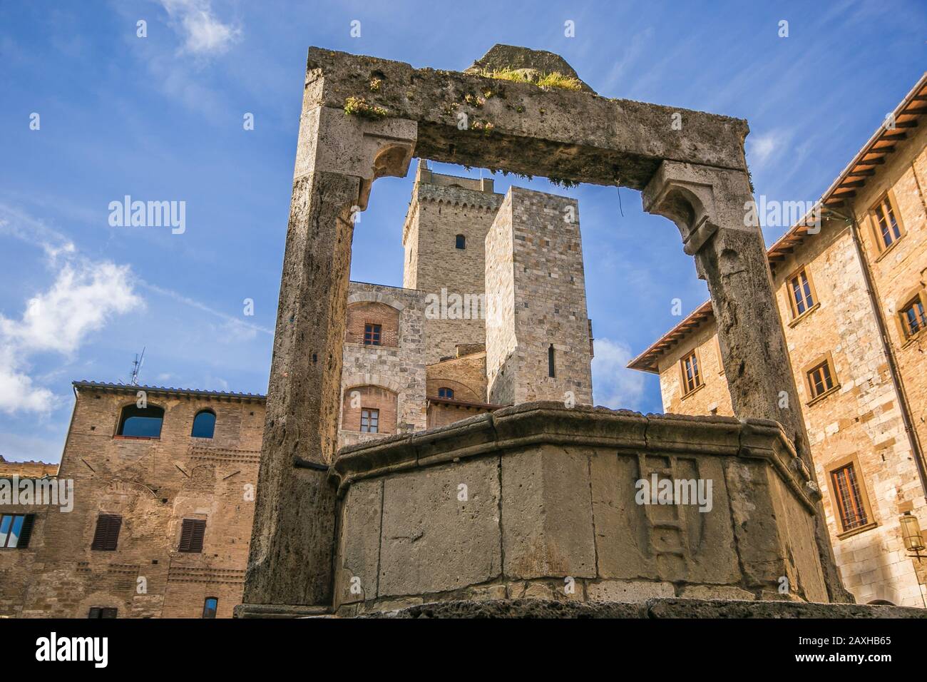 Particolare del pozzo nella piazza della cisterna in San Gimignano Siena Toscana Foto Stock