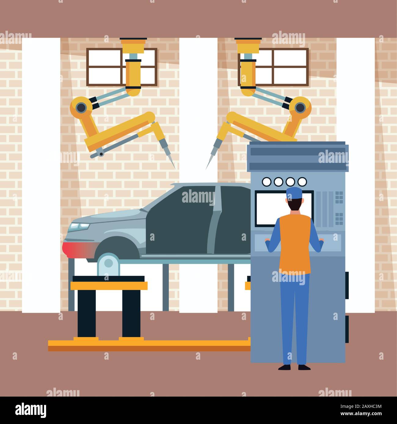 scenario di officina con auto sollevata con braccia industriali e interventi meccanici Illustrazione Vettoriale