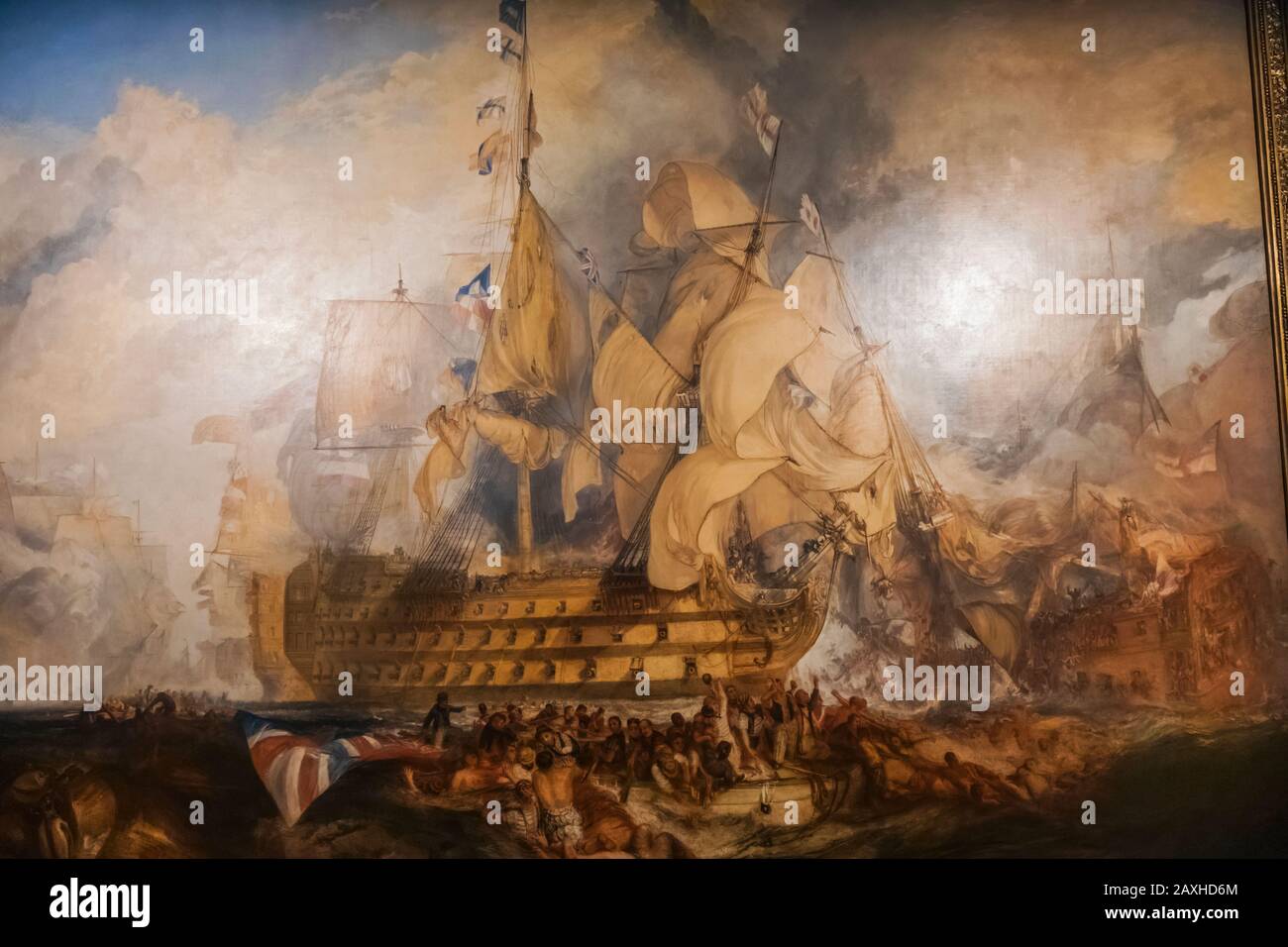 Inghilterra, Londra, Greenwich, National Maritime Museum, Pittura della battaglia di Trafalgar 1805 di JMW Turner del 1822 Foto Stock