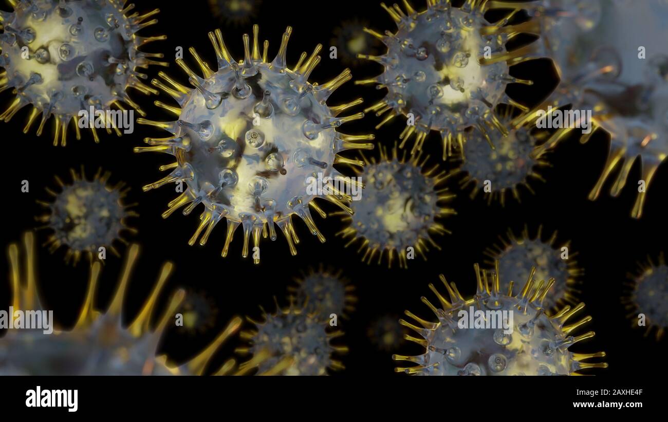 gruppo di virus, coronavirus che causa infezioni respiratorie e il raffreddore comune su sfondo nero Foto Stock