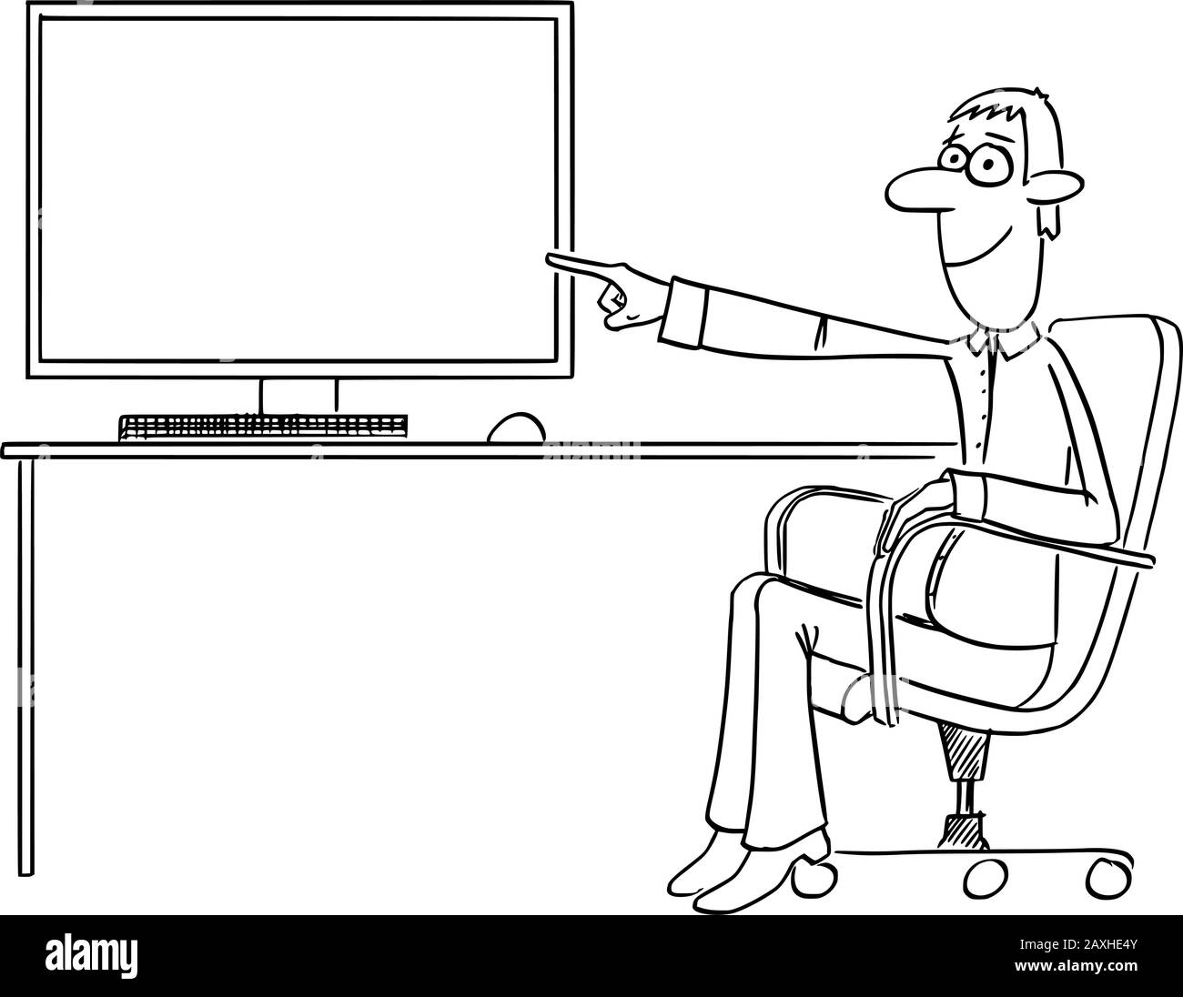 Vettore divertente fumetto disegno di uomo d'affari o uomo seduto in sedia da ufficio e che punta a schermo o display vuoto computer. Illustrazione Vettoriale