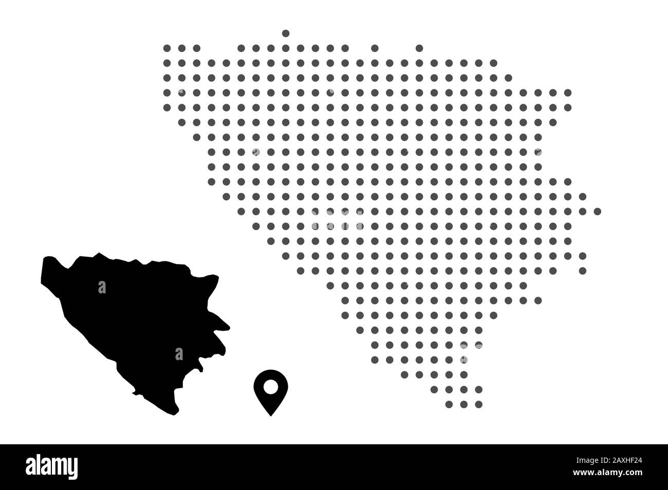 Mappa Bosnia punteggiata su sfondo bianco vettore isolato. Illustrazione per il design tecnologico o infografica. Silhouette nero e puntatore mappa Illustrazione Vettoriale