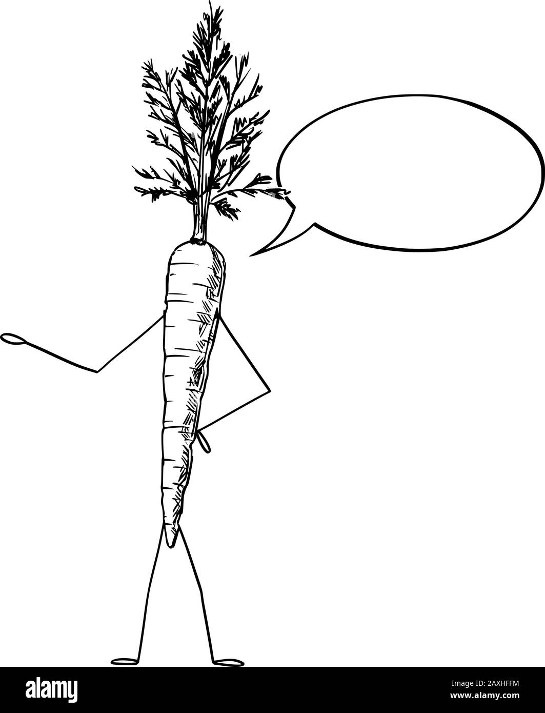 Illustrazione vettoriale del carattere vegetale della carota del cartone animato con la bolla del parlato. Stile di vita sano o cibo o fattoria pubblicità o marketing design. Illustrazione Vettoriale