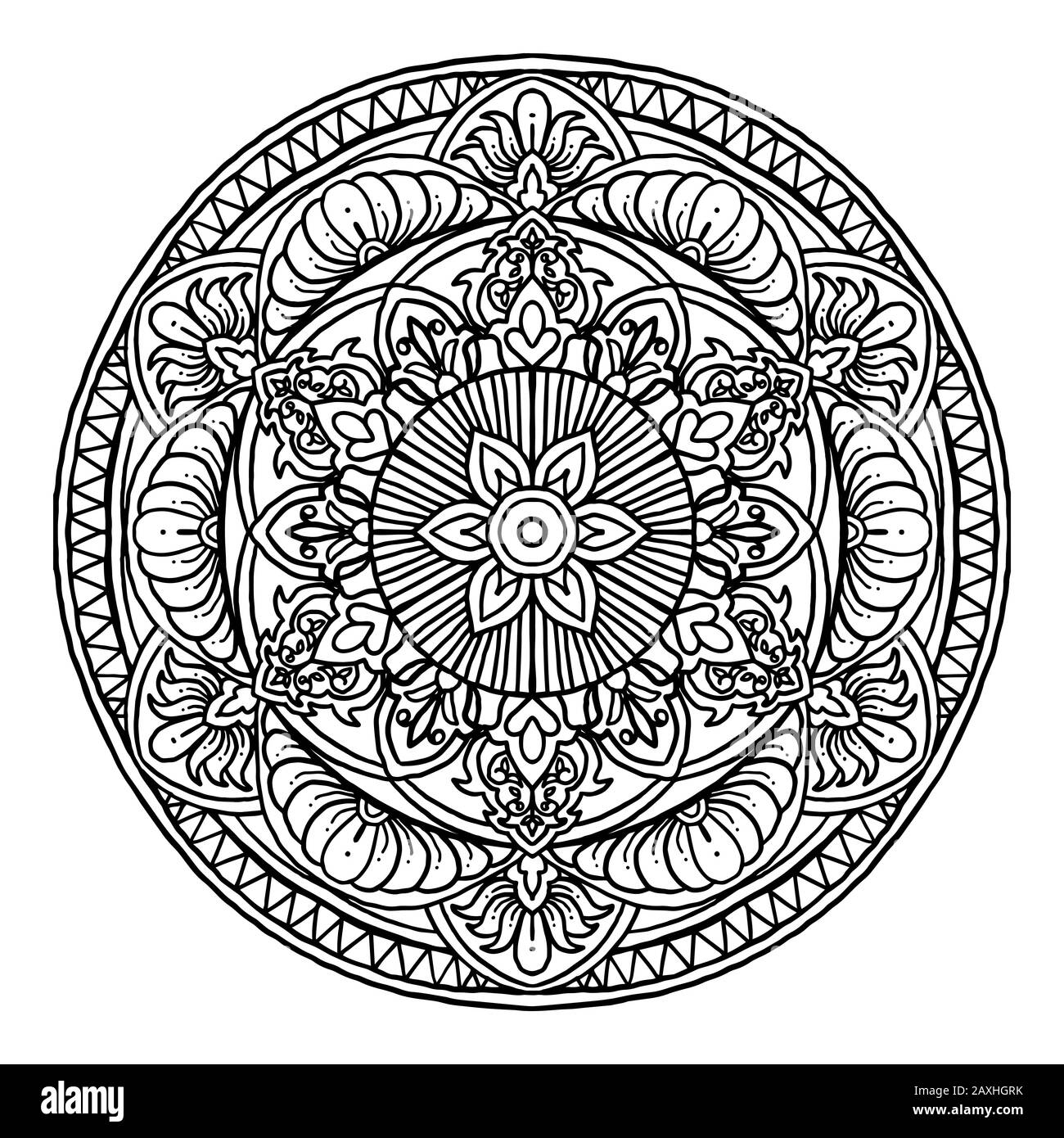 Profilo Mandala ornamento decorativo tondo, può essere utilizzato per colorare il libro, anti-stress terapia, biglietto di auguri, telefono stampa caso, ecc Stile Disegnato A Mano Illustrazione Vettoriale