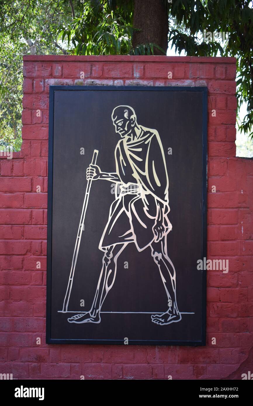 L’illustrazione di Mahatma Gandhi al muro di Sabarmati Ashram o Gandhi Ashram, Ahmedabad, Gujarat, India Foto Stock