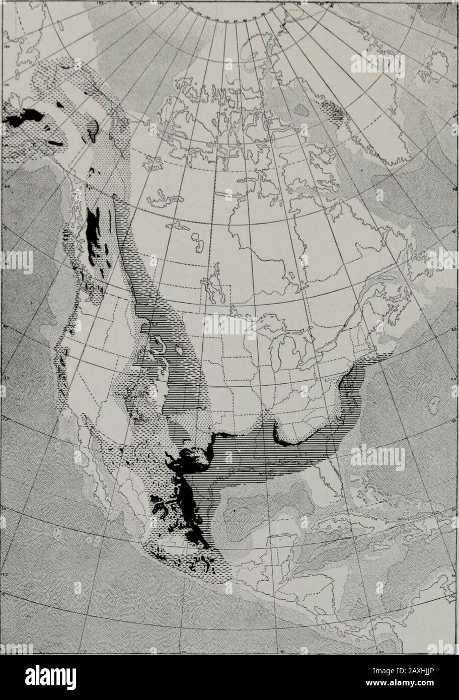 Geologia . •snoao^^ajQ (jaddfi) ?(SRO30^J8J3 J9AiOq )•GEOLOGIA UB9ipiIt?UI03 110. Fig. 379. - Mappa che mostra la distribuzione delle formazioni Comancheane in Nord America. Le convenzioni sono le stesse delle mappe precedenti. IL PERIODO COMANCHE AX. Malati letti della provincia atlantica sono stati stabiliti (p.. 1). I sedimenti erano frequentati e seguiti da intrusi ignei, e prob-ably da faulting e da warping. Alla fine del periodo Triassico, quasi come oggi noto, la superficie fu nuovamente deformata, e un periodo di erosione che durò attraverso il periodo giurassico inaugurato. Dall'inizio del Coma Foto Stock