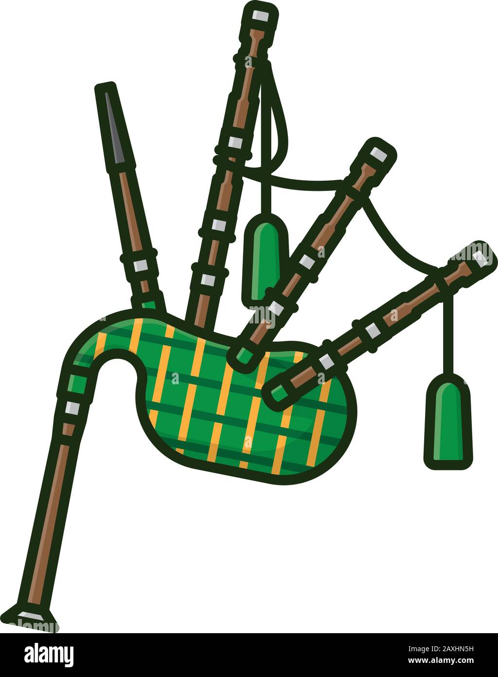 Illustrazione vettore isolato di Bagpipe scozzese per Bagpipe Day il 10 marzo. Simbolo tradizionale del colore dello strumento musicale. Illustrazione Vettoriale