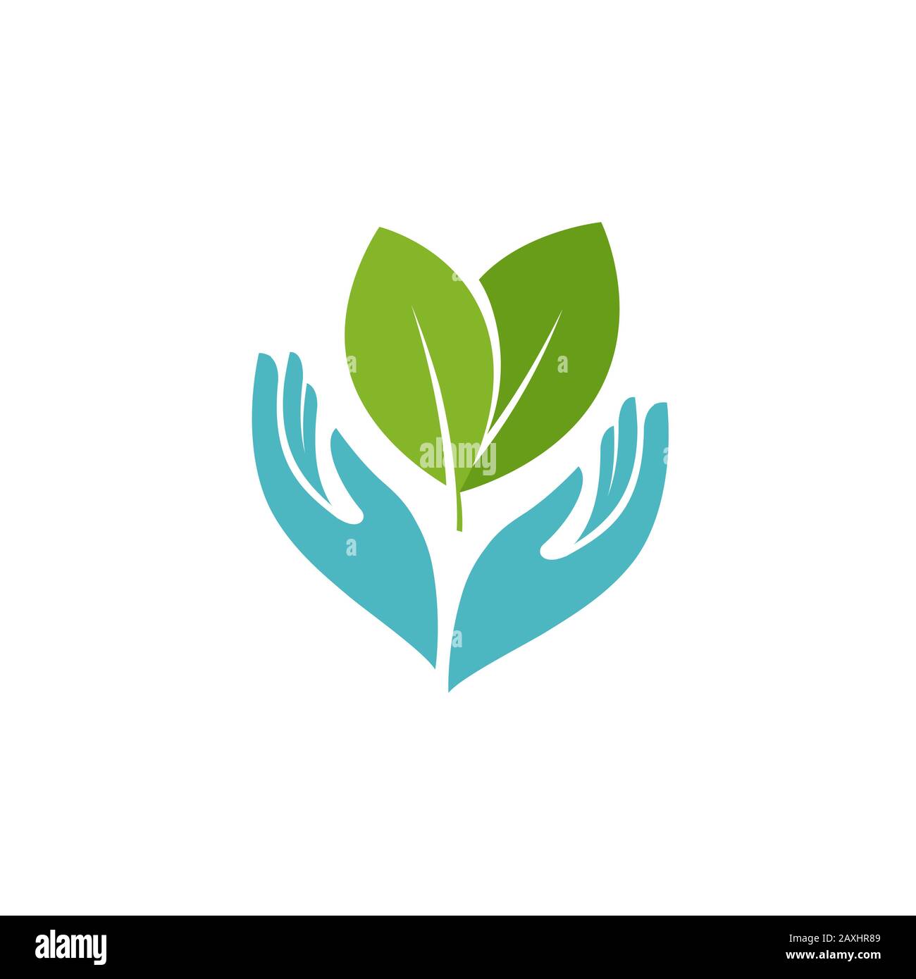 Simbolo pianta o foglie in mani. Salute, agricoltura, logo dell'azienda agricola o vettore di icone Illustrazione Vettoriale