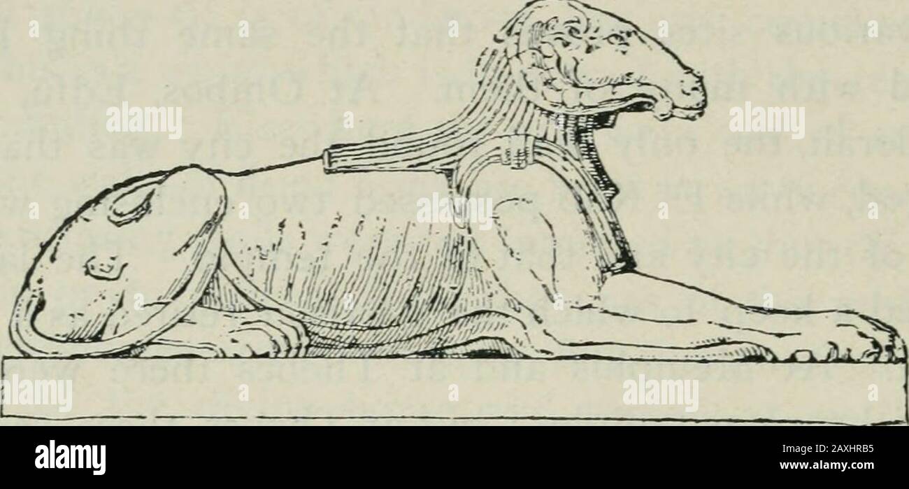 Manuale della archæology egiziana e guida allo studio delle antichità in EgyptPer l'uso di studenti e viaggiatori . es di sfingi. Il più usuale di loro era l'andro-sfinge - il leone umano-diretto ; ma era anche il crio-sfinx - il leone con il ramshead (fig. 99); e nei luoghi in cui la locale ha scavato tale sostituzione appropriata, vi erano delle figure di montoni che trattengono una figura di thesovereign tra i loro elegs (fig. 100). Theavenue da Luxor a Karnak è stato composto di questi vari tipi. Questa strada è lunga un miglio e un quarto, e si piega in varie direzioni;ma Foto Stock