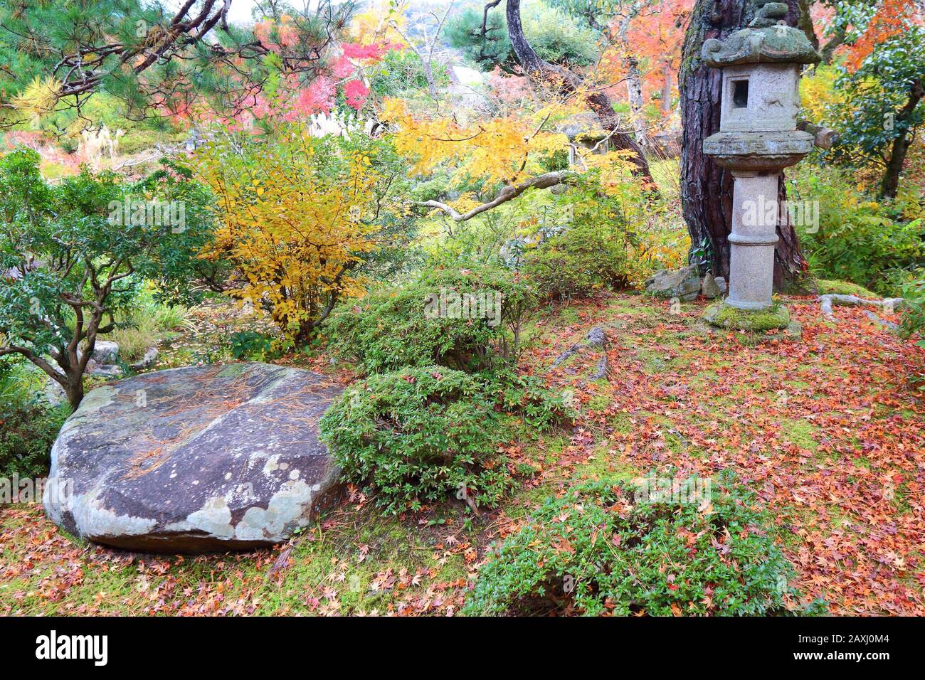 Nara, Giappone. I colori autunnali nel giardino giapponese. Yoshikien Garden. Foto Stock
