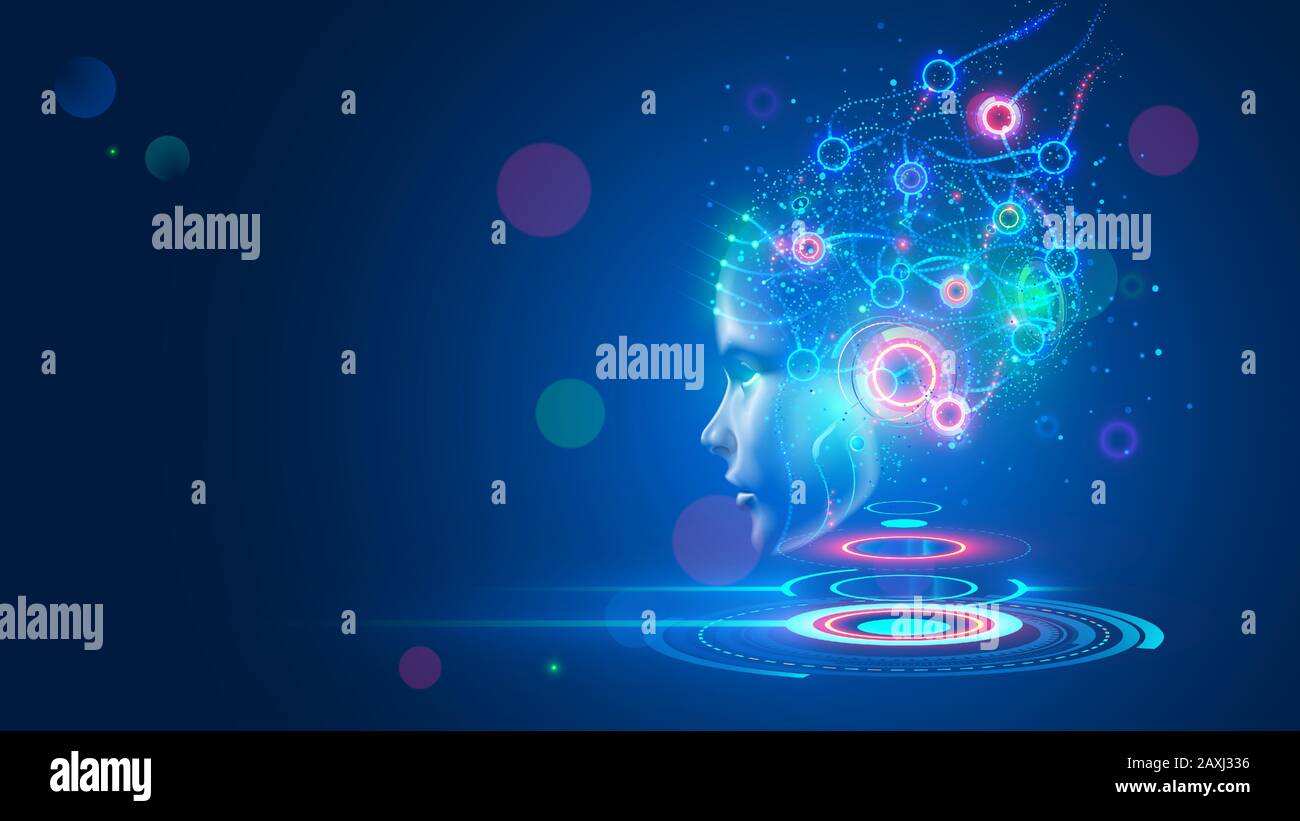 Intelligenza artificiale. L'intelligenza artificiale si dirige con il cervello della rete neurale che pende sul podio digitale virtuale. Volto saggio femminile nel cyberspazio. Apprendimento automatico. Attenzione Illustrazione Vettoriale