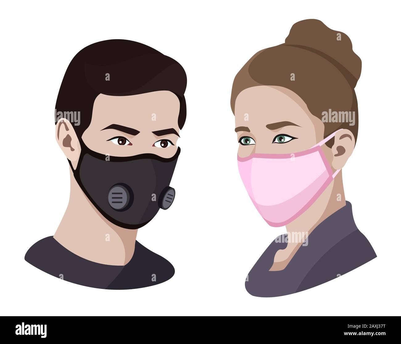 Maschere colorate per il viso inquinamento dell'aria set isolato, asiatico cina uomo e donna indossare maschera medico virus, coronavirus protezione e sanità, vettore Illustrazione Vettoriale