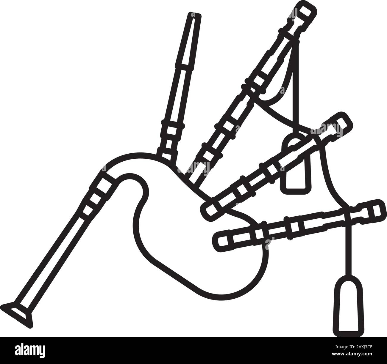 Icona della linea vettoriale isolata di Bagpipe scozzese. Simbolo del contorno dello strumento musicale tradizionale. Illustrazione Vettoriale