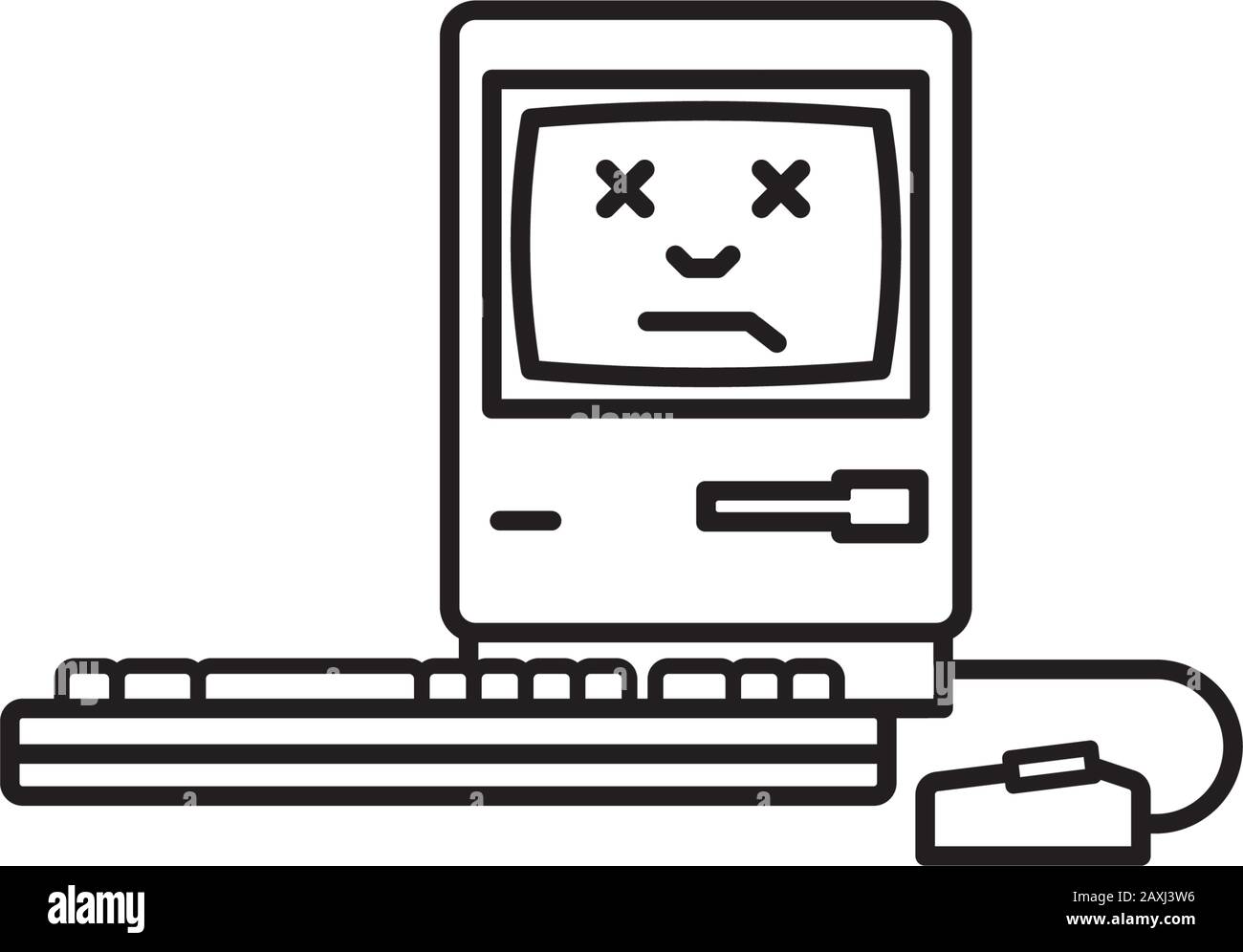 Computer vintage non funzionante, faccia morta sullo schermo, icona del contorno del vettore. Simbolo di arresto anomalo del sistema. Illustrazione Vettoriale