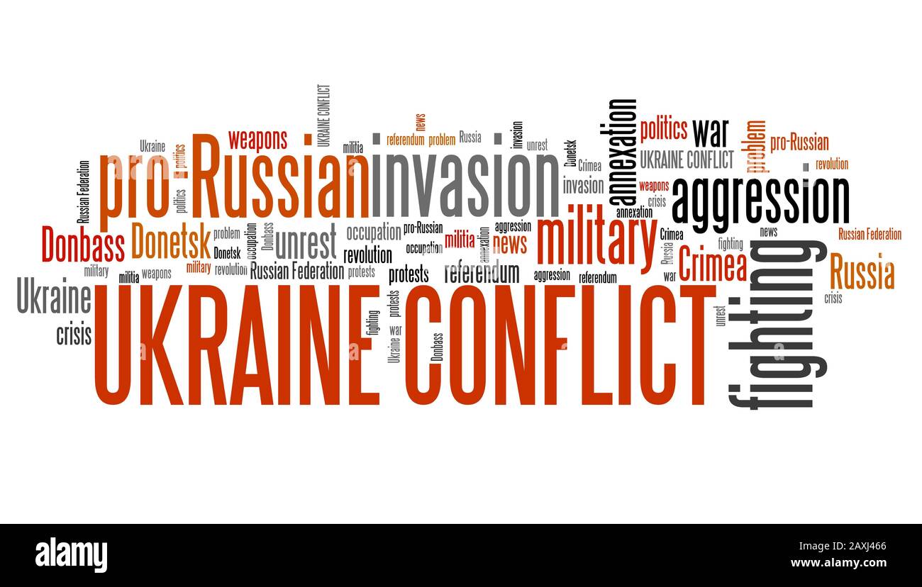 L'Ucraina conflitto - parole chiave per pro-russo disordini in Ucraina. Parola concetto di cloud computing. Foto Stock