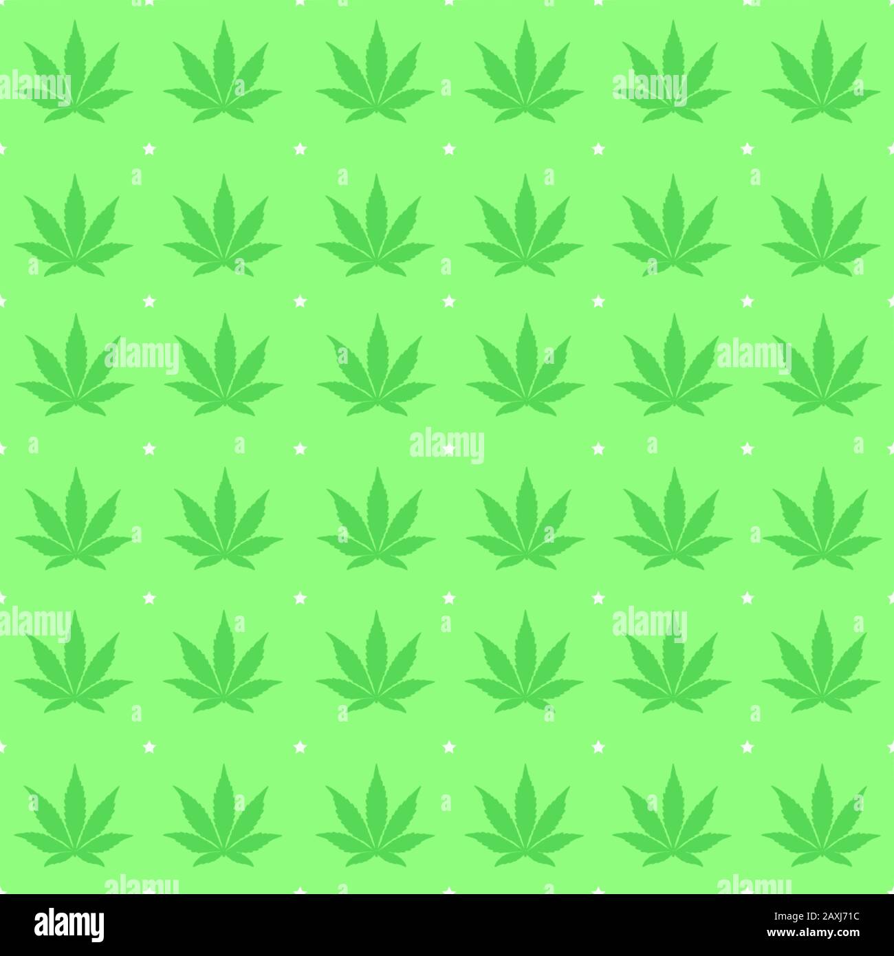 Ripetizione del modello di foglie di cannabis. Piastrelle per sfondi, stampa di tessuti e ricami. Foglie verdi/stelle bianche su sfondo verde. Illustrazione Vettoriale
