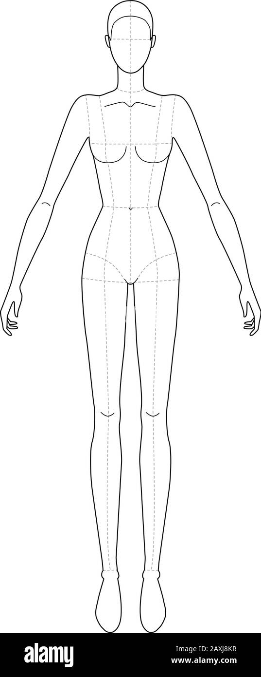 Modello di moda di donne permanente. 9 dimensioni di testa per il disegno tecnico con le linee principali. Signora figura vista anteriore e posteriore. Profilo di vettore ragazza per schizzo di moda e illustrazione. Illustrazione Vettoriale