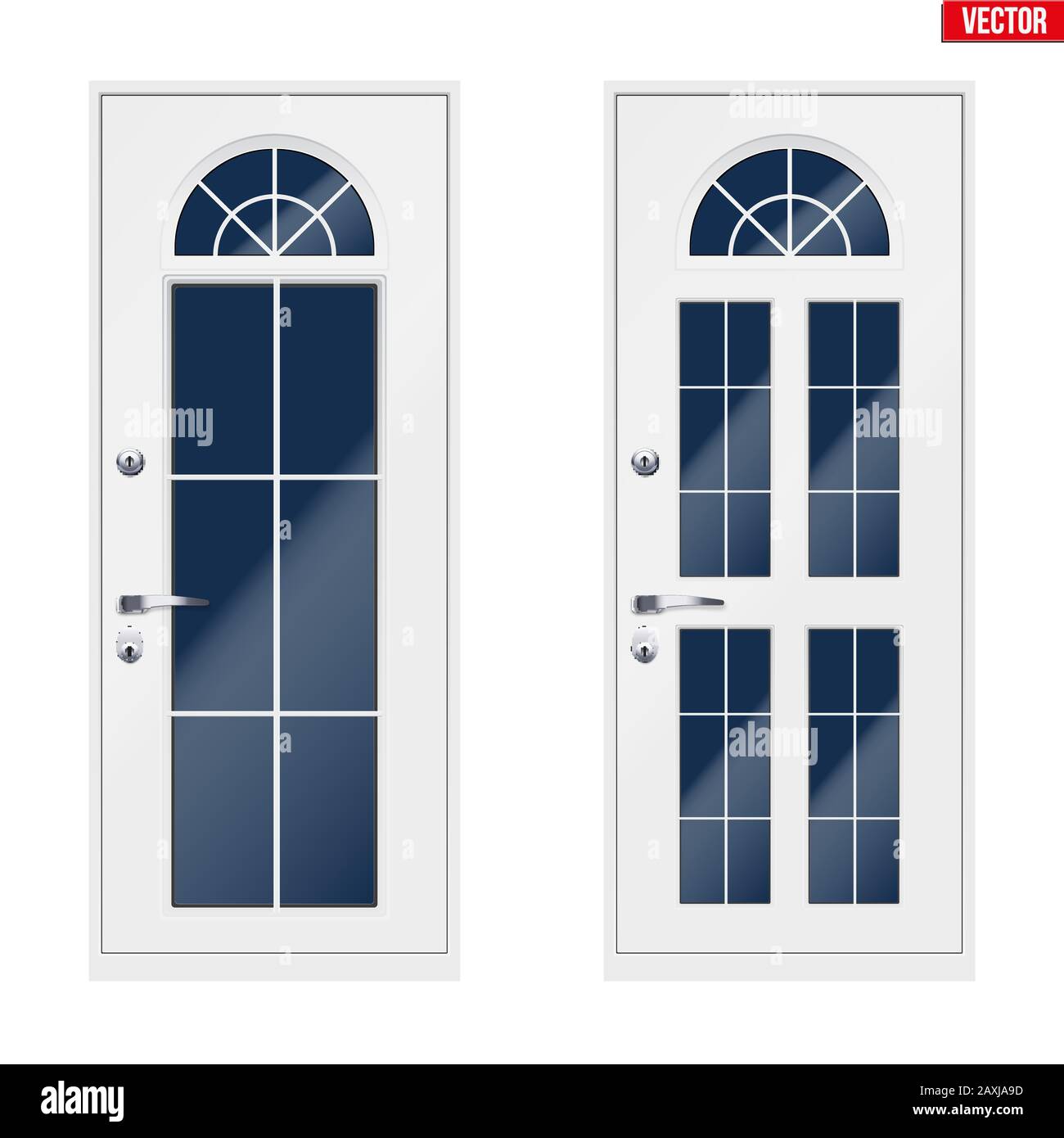 Set di porte d'ingresso Classic bianche con finestra panoramica. Vista all'aperto. Presentazione dei modelli in metallo e installazione del telaio. Isolat. Illustrazione vettore Illustrazione Vettoriale