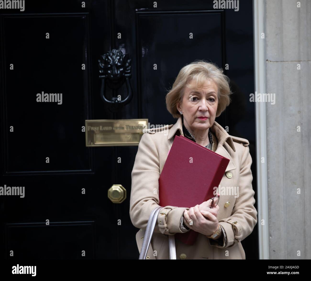 Andrea Leadsom, Segretario di Stato per le imprese, l'energia e la strategia industriale cercando miserabile a lascia la riunione settimanale del Gabinetto Foto Stock