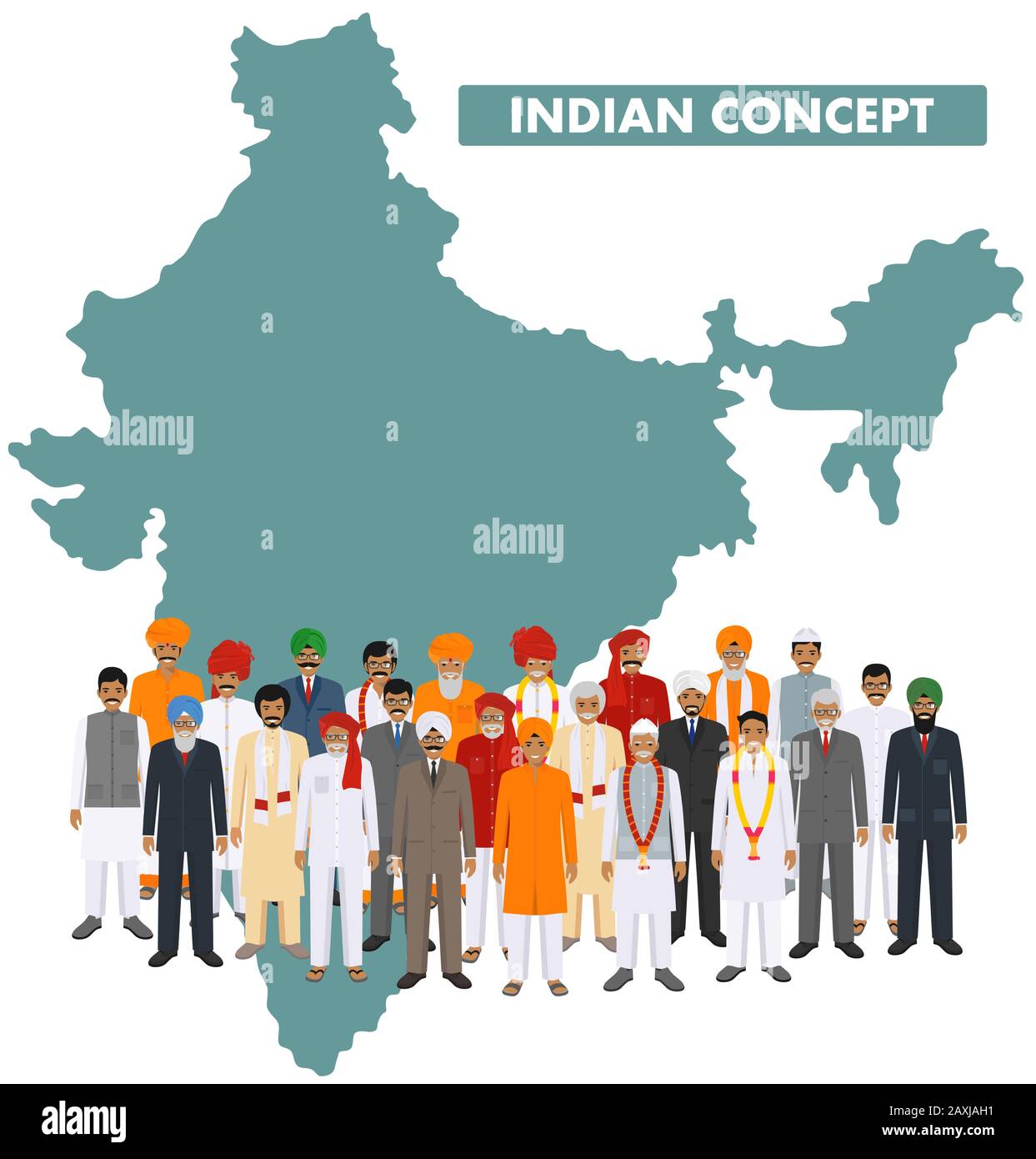 Famiglia e concetto sociale. Indiano del gruppo giovani e adulti in piedi insieme in diversi tradizionali vestiti nazionali sullo sfondo con mappa di Illustrazione Vettoriale