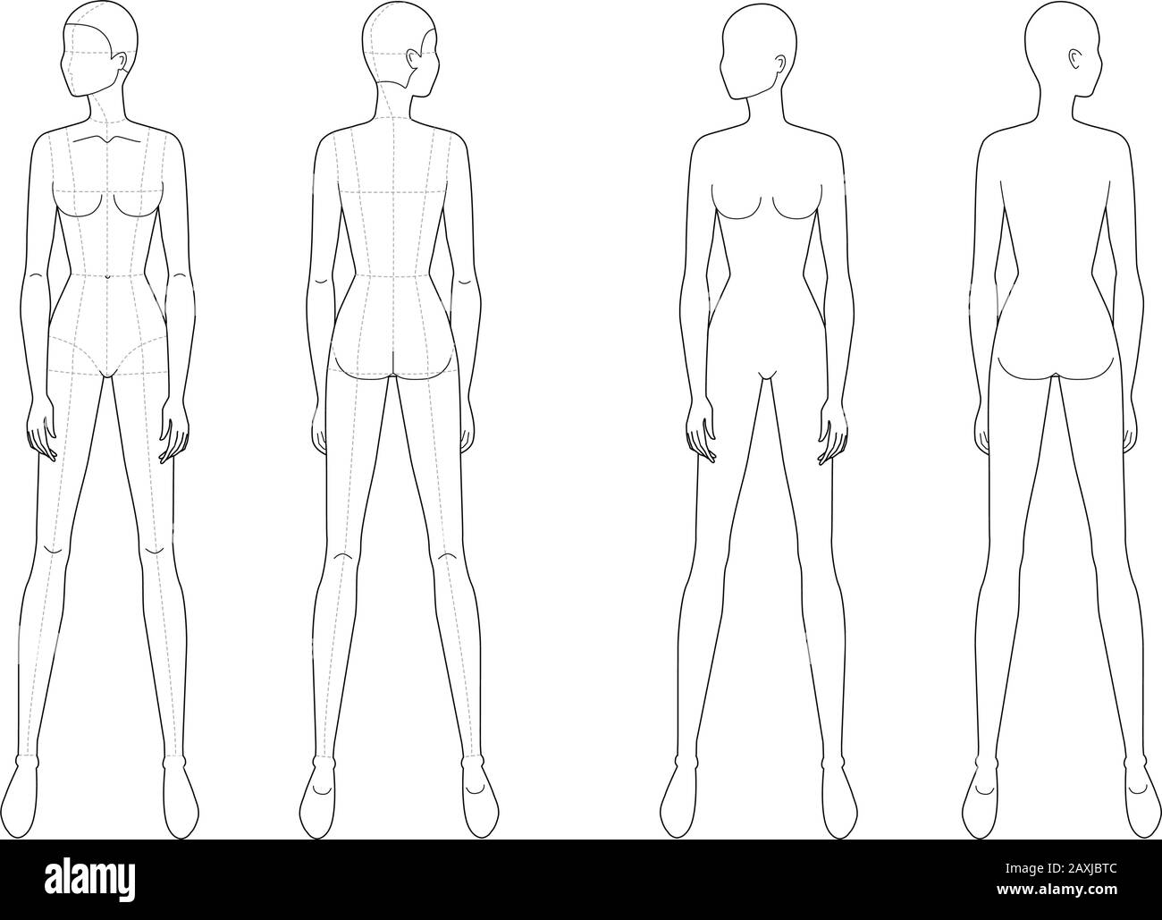 Modello di moda delle donne in piedi che guardano a sinistra. 9 dimensioni testa per disegno tecnico senza linee principali. Vista anteriore e posteriore della figura Lady. Vettore delineano ragazza per moda schizzo e illustrazione. Illustrazione Vettoriale
