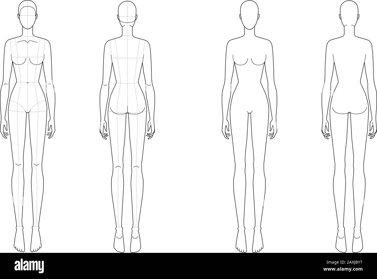 Modello di moda di donne in piedi con e senza linee principali. 9 dimensioni testa per disegno tecnico. Vista anteriore e posteriore della figura Lady. Vettore delineano ragazza per moda schizzo e illustrazione. Illustrazione Vettoriale
