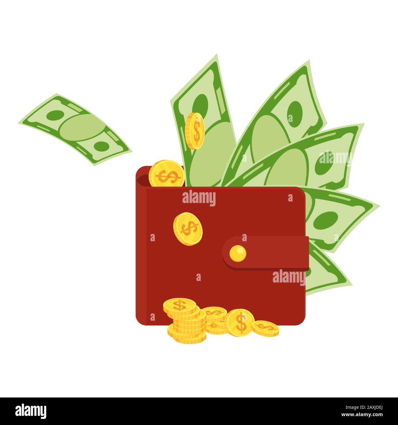 Il denaro vola in una borsa. Banconote, banconote volare, monete d'oro. Illustrazione Vettoriale
