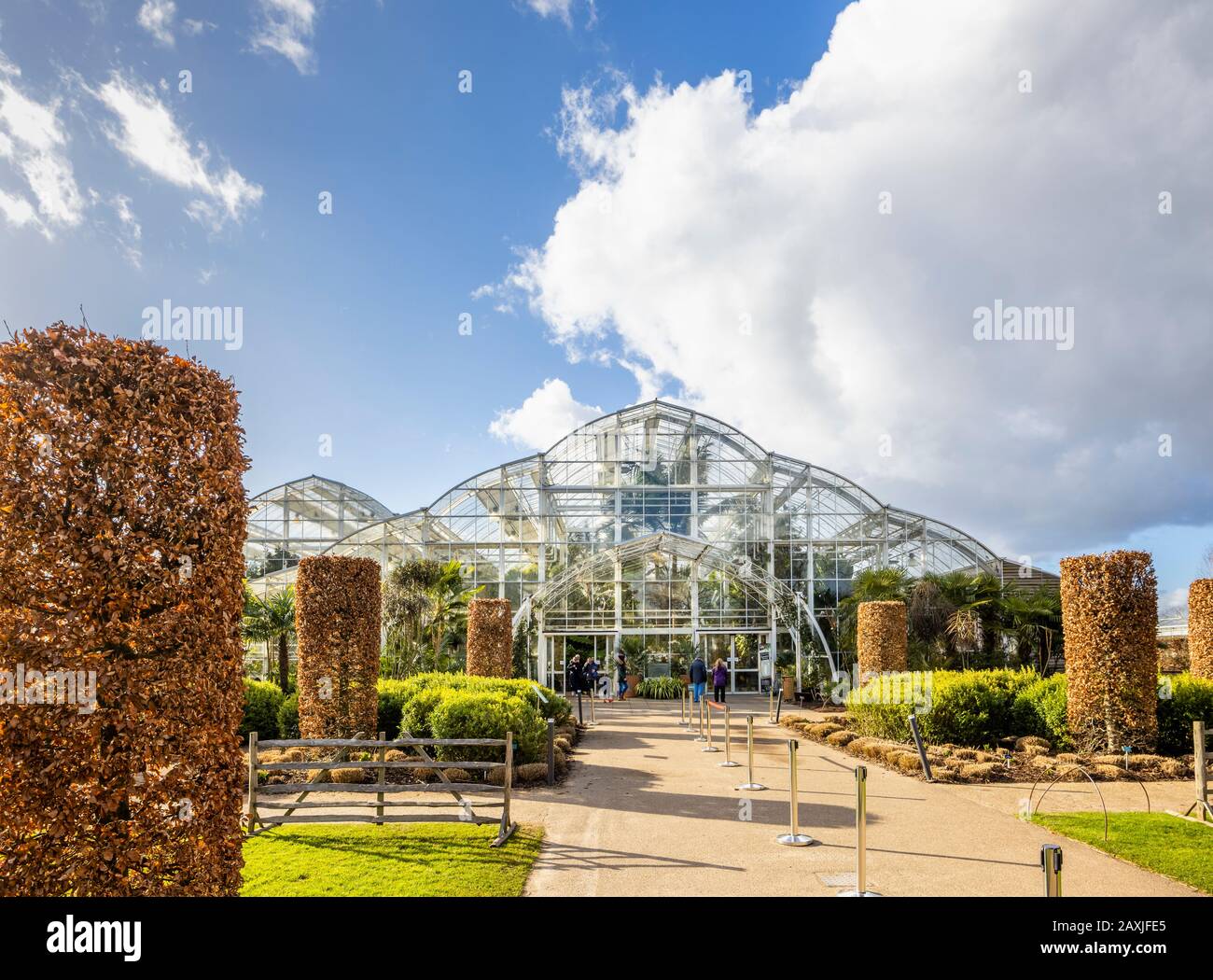 Ingresso al Glasshouse presso RHS Gardens, Wisley, Surrey, Inghilterra sud-orientale in una soleggiata giornata invernale con cielo blu Foto Stock