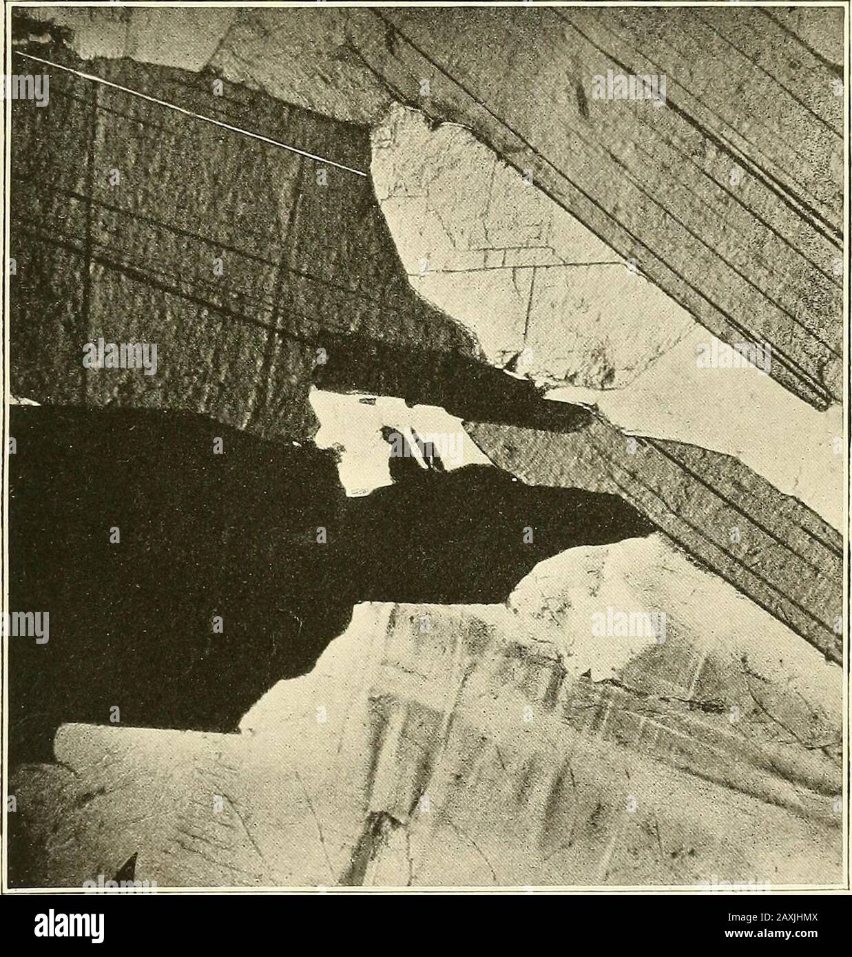 Guide di escursioni in Canada1-10 . sul lotto 32 di con. Ill,Glamorgan Township. Questa sienite nefelina, che è esposta sulla strada, è molto fresca e rappresenta una varieteche è molto distintamente fogliato e scuro in color.Nefelina e hornblende preponderate in gran parte in terock, il feldspare essendo subordinate in quantità. Thehornblende ha le proprietà ottiche di hastingsite e thefeldspar è albite. La roccia contiene anche alcuni grani di calcite, arrotondati in forma e che si presentano come inclusioni negli altri costituenti della roccia. Chiaramente non sono di origine secondaria, ma sono simili in ch Foto Stock