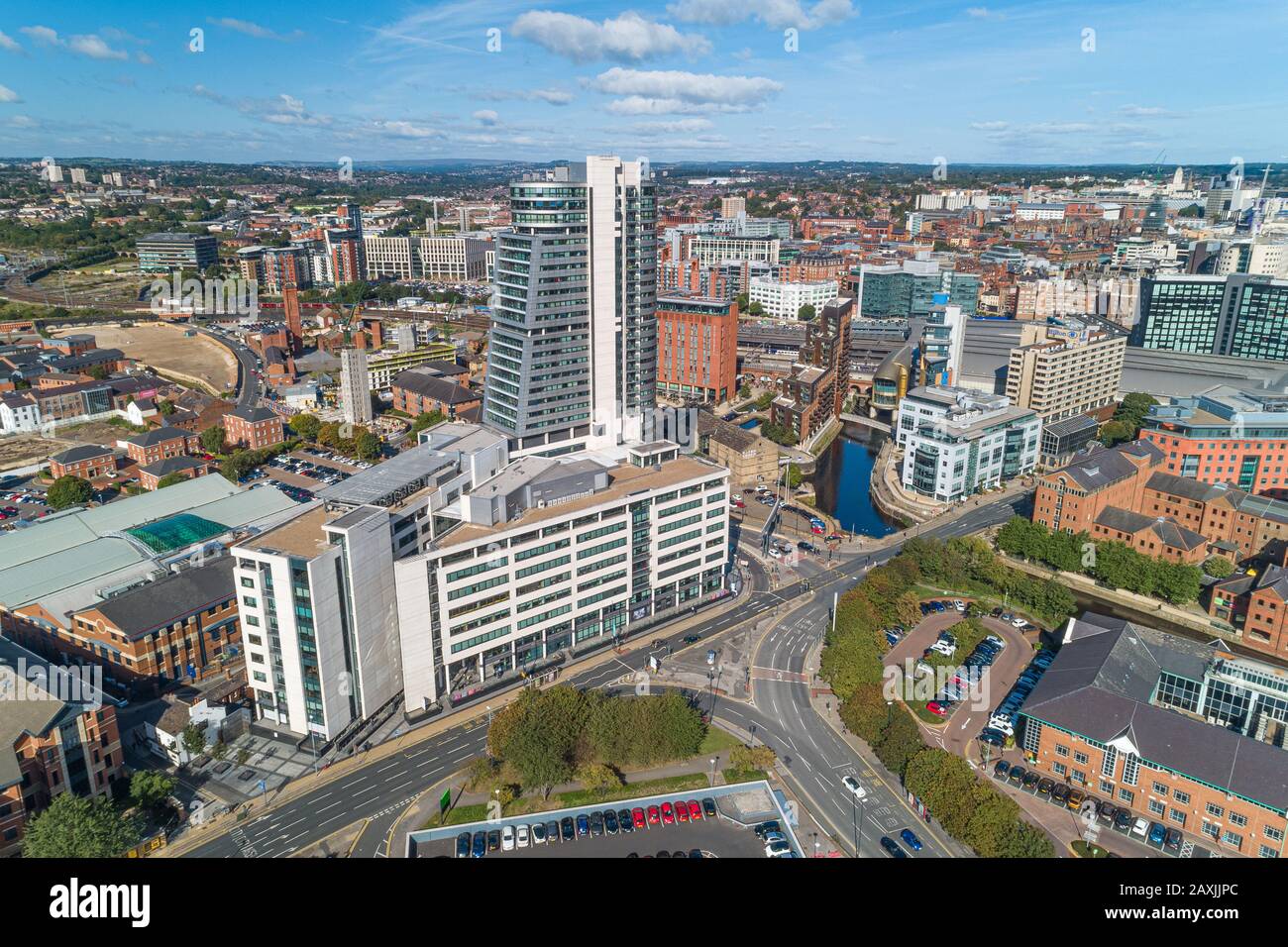 Aereo Drone Leeds City Center Vista, West Yorkshire Foto Stock