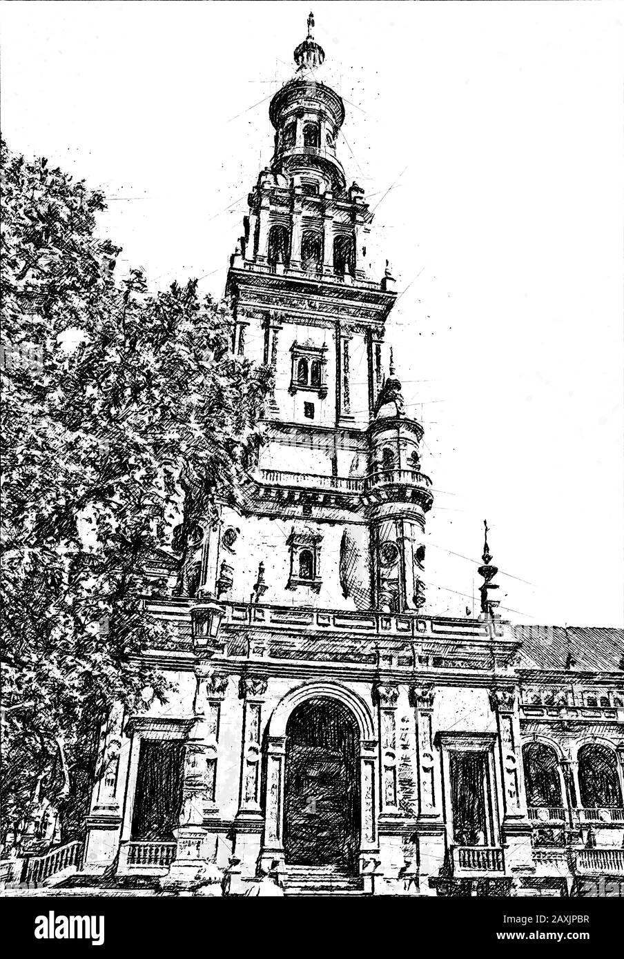 Il Plaza de Espana in Siviglia è uno dei più spettacolari spazi architettonici della città e architettura Neo-Moorish. Foto Stock