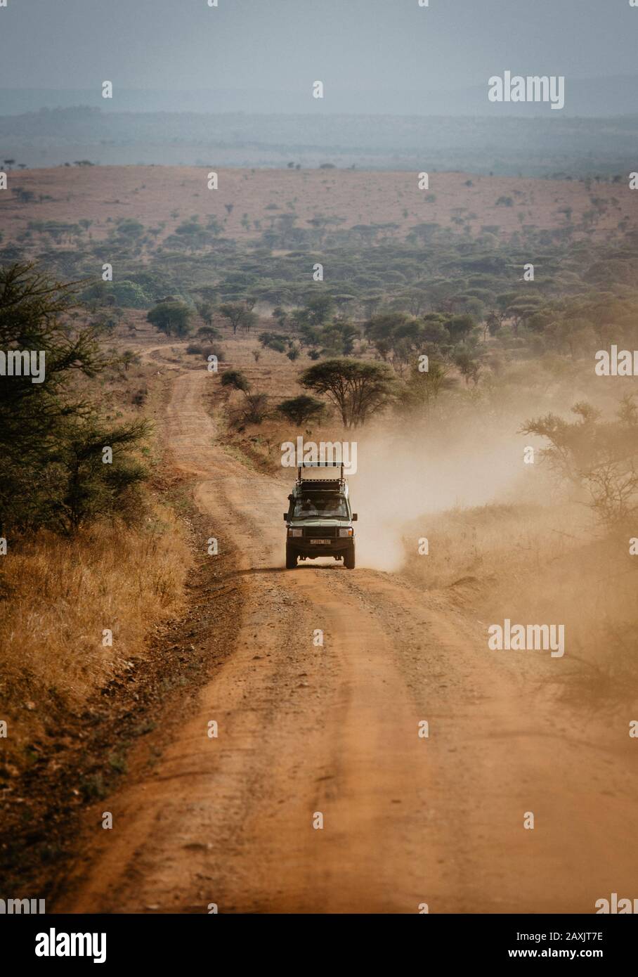 Una macchina safari su una lunga strada polverosa da sola attraverso il Serengeti, il Parco Nazionale del Serengeti, Tanzania Foto Stock