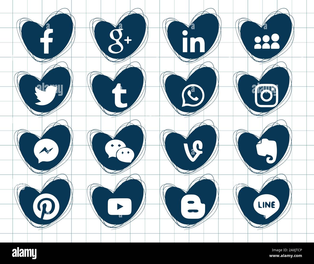 Raccolta di icone popolari di social media su sfondo bianco. 16 pezzi. Cuori doodles icone. Disegno sul foglio del notebook Illustrazione Vettoriale