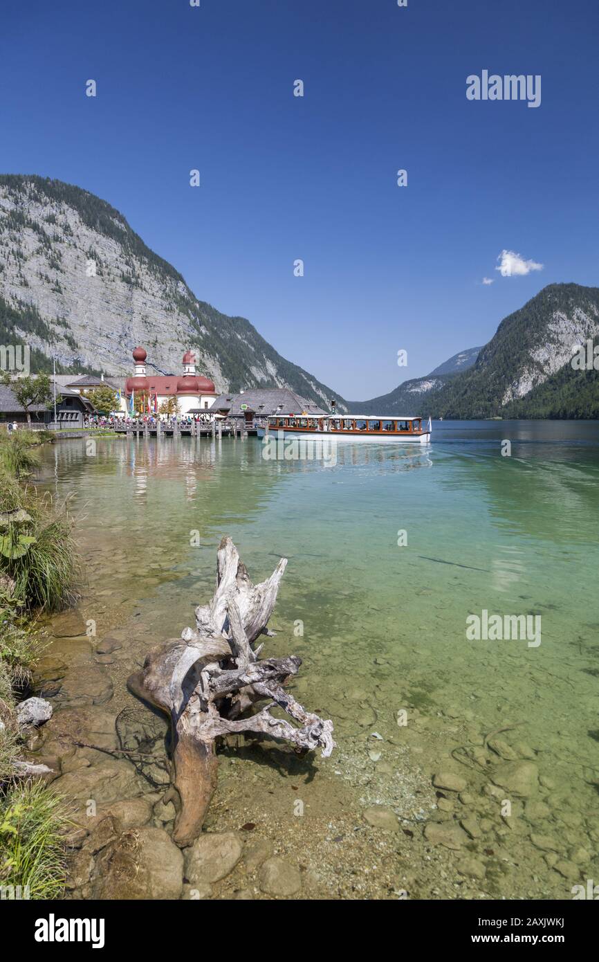 Cappella San Bartolomeo Al Lago Königssee, Penisola Di Hirschau, Schönau, Berchtesgadener Land, Alta Baviera, Baviera, Germania Meridionale, Germania, Europa Foto Stock