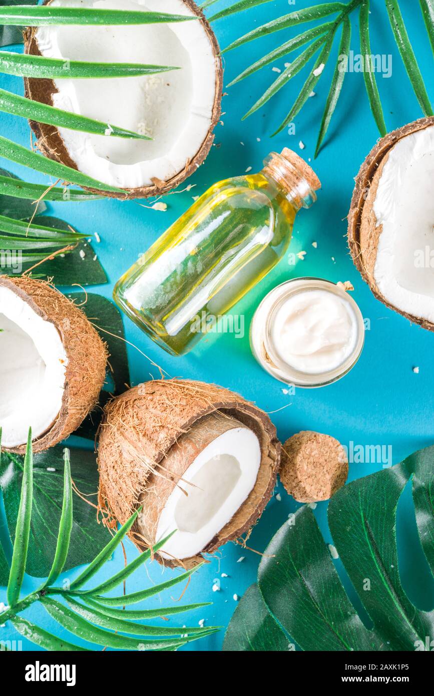 Olio di cocco in vaso di vetro con foglie tropicali e cocco fresco. Oli organici mct concetto. Turchese, sfondo acquamarina Foto Stock
