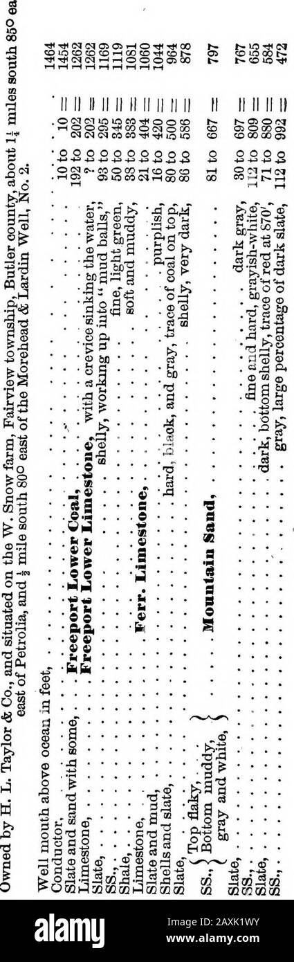 Rapporto di progresso 1874-1889, A-Z .. . •U02GQ0Q RECORD DEL POZZETTO DELL'OLIO. V. 181 ++i i i i i i i ,-H RH J CO o 00 CO CO o &lt;N &lt;N CO CC tr o CO 00 OS Sio io o oo co »h ,-h oo os co ^p cd os o ^ eg 73J , ! ,-, th i-( i-II-l r-l IH r-t IH i-l th i-i RH t-H »-( t-l IH BBBBBBBBBBBBBBBBB B 1 ? CD CD CD CD CD-*2 ^3 ? ?-» ?*» DQGQ o 60I w • ?SL-sla ?g. * * ?d d Jd ?9 &lt; d* b © o3 d © a d s® 182 V. EEPOET DI PROGEESS. H.M. CHANCE. A £ « i §5 Tt*Tj4(McqOSOi«Hott*TPCO ^^(NHHOOOOOOO HOOO^COONOOD TWQON Ol o QOOlCO 00 SO ?HOI OS to CO 3 ,M T « w |3SA Mo,?. Coaj OIL WELL RECORDS. V. 183 ++I I I 11 Foto Stock