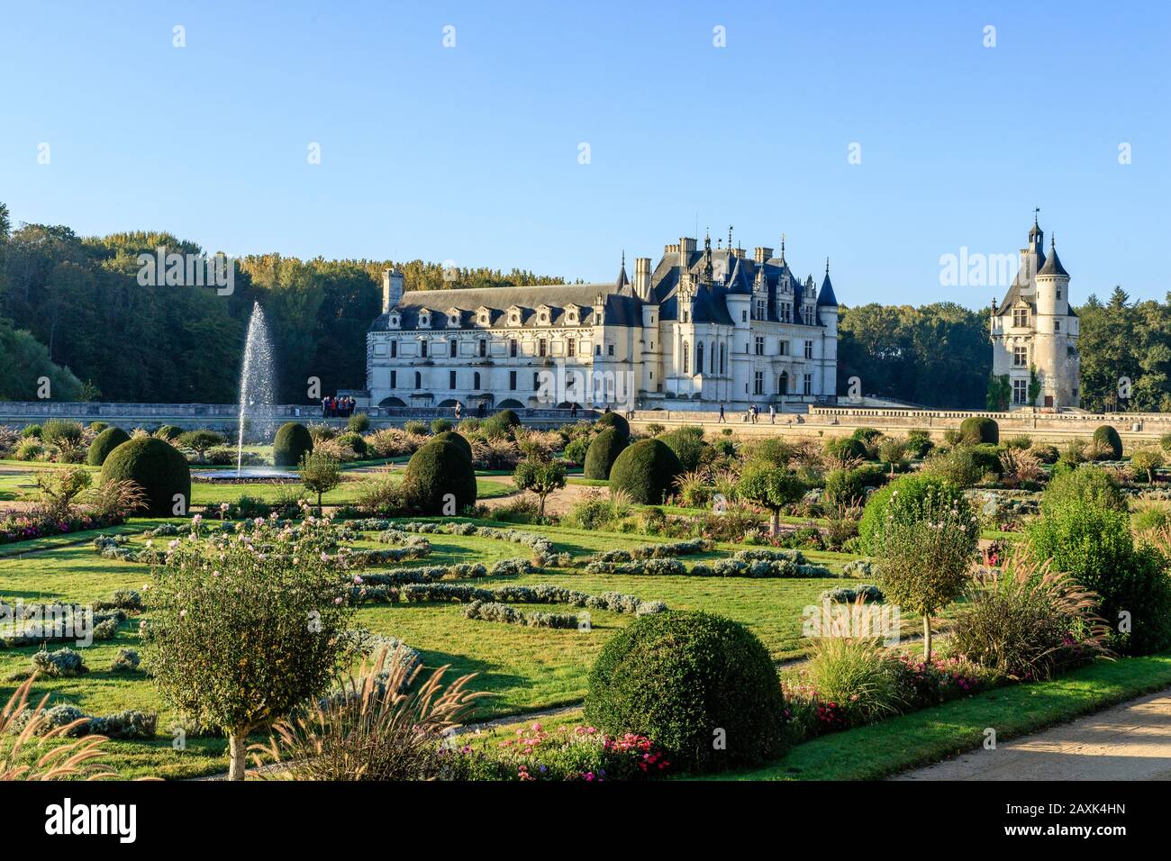 Francia, Indre et Loire, Valle della Loira dichiarata Patrimonio Mondiale dall'UNESCO, Chenonceaux, Chateau de Chenonceau Parco e Giardini, castello e il Jardin de Foto Stock