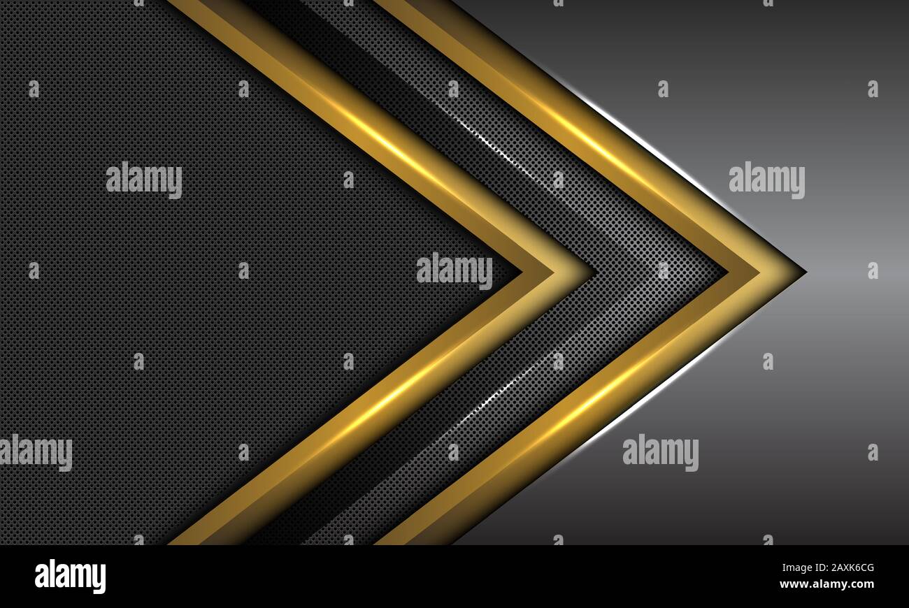 Astratto doppio oro grigio scuro freccia metallica con cerchio mesh spazio vuoto design moderno lusso futuristico sfondo illustrazione vettoriale. Illustrazione Vettoriale