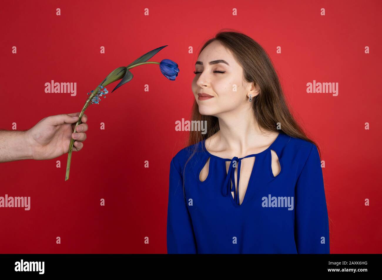 Ragazza sorridente sniffing fiore blu con occhi chiusi su sfondo rosso. Foto Stock Ragazza sorridente sniffing fiore blu con occhi chiusi su sfondo rosso. Foto Stock